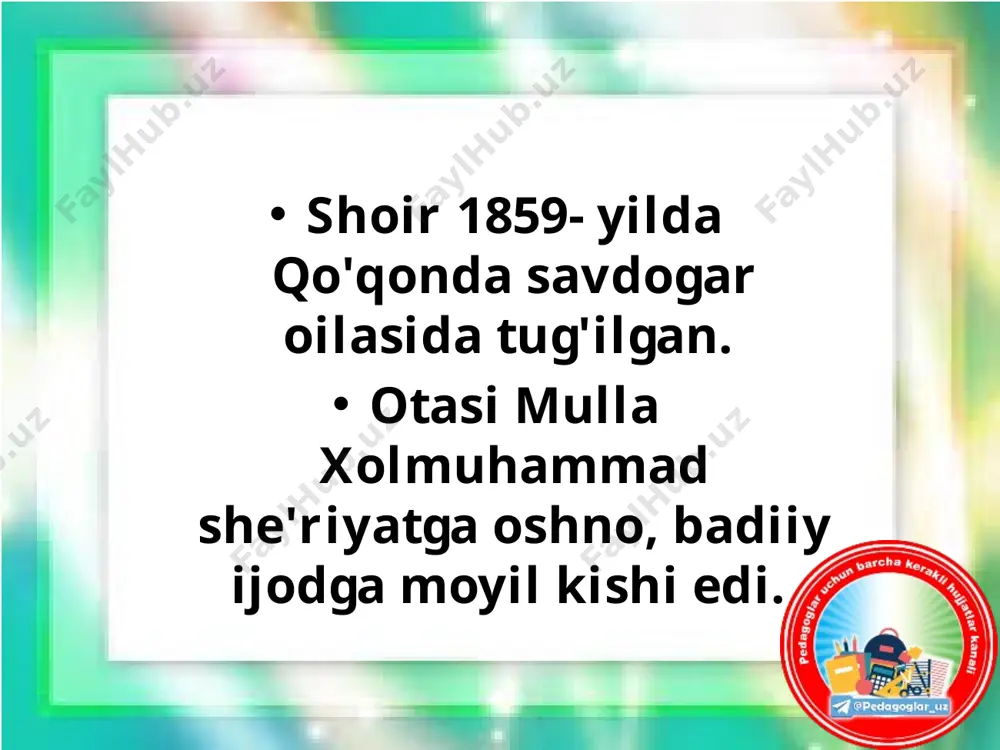 dosidin devonalar, qayg'a borsa o'lturub yerg'a chalipo tortadur. jon ila ko'ngul taloshur, ey sanam, dard-u g'aming, birni sol ko'nglimg'aki, jon birni tanho tortadur... surmadin ko'zlar qaro... surmadin ko'zlar qaro, qo'llar hinodin lolarang, g'ozadin yuzlarda tob-u, o'smadin qoshlar tarang. za'faroniy ko'ylak uzra arg'uvoniy kamzihur, ro'ymol og'ushidin peshonaning ahvoli tang. bori nozik panjalar oltun uzukdin zebnok, qo'l bilakuzukdin muzayyan, nuqradin og'izda chang. gavhar osqon halqalar siymin banogo'shinda band, ko'rinur zulfi tunida subhi sodiqdek arang. musaddas sayding qo'yaber sayyod, sayyora ekan mendek, ol domini bo'ynidin, bechora ekan mendek, o'z yorini topmasdan ovora ekan mendek, iqboli nigun, baxti ham qora ekan mendek, hijron o'qidin jismi ko'p yora ekan mendek, kuygan jigari-bag'ri sadpora ekan mendek... savollar 1. qaysi shoirlar 8 yoshida f. attorning “mantiq ut-tayr” dostonini yod oladi? 2. furqatning ilk she’ri? furqat g’azaliga qaysi mashhur shoir muxammas bog’lagan? 3. ijodining dastlabki davrida – 21-22 yoshida devon tartib bergan shoir kim? 4. “hammomi xayol” nomli …