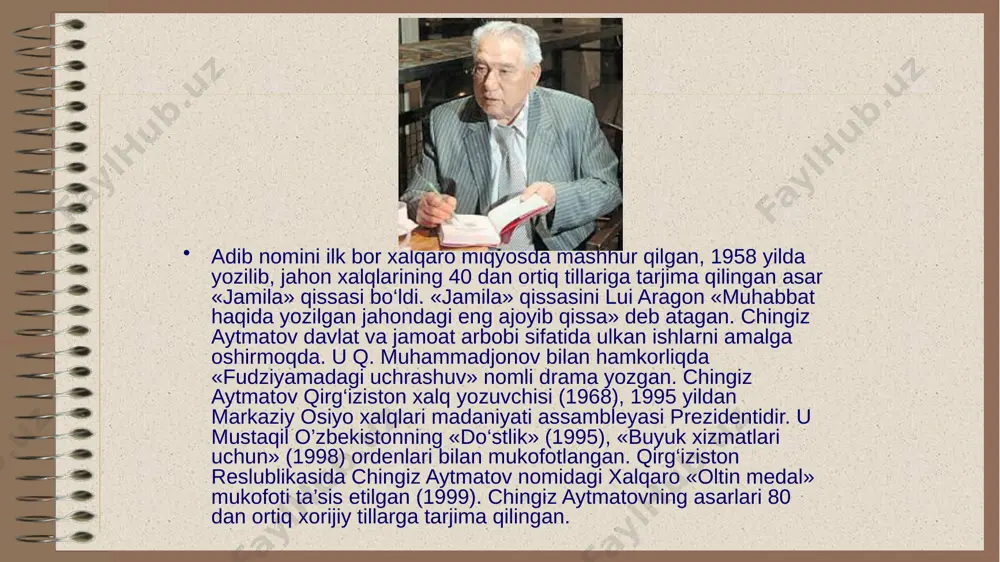 n chiqdi, endi orqalaring uchun e’zozlashar ekan-da... sen manqurtsan! haqiqiy manqurt!...» degan), sobitjon, jo‘lamon, nayman ona, qozongap (uni dafn qilishga olib ketayotganda marhumning yonida uning kuyovi - oyzodantg eri o‘tiradi), abutolib quttiboev va zarifa (ular stshincha qatag‘on qurboni bo‘lganlar), oyzoda va boshq. ,,qiyomat’’ romani haqida: chingiz aytmatovning ,,qiyomat’’ romanida ezgulik va oliyjanoblikning, yaxshilik va tog’rilikning, adolat va haqgo’ylikning qiyomat-qoyin darajasiga tushayotgan holatlari tabiat, jamiyat, ilson va iymon muammolarini aks ettirish orqali ko’rsatiladi. ezgulikning insonparvar asoslarini chingiz aytmatov bo’ston obrazi orqali ilgari suradi. avdiyni an’anaviy yo’sindagi yaxshi yoki yomon kishi obrazi deb atash qiyin. u murkkab obrazdir. shu fikrdan kelib chiqib, ,,qiyomat’’ romanining bosh qahramoni iso ham avdiy kalistratov ham, bo’ston ham yohud akbara va toshchaynar ham emas, balki ularning barchasini birlashtirib turuvchi imondir, deb aytish mumkin. «kassandra tamg‘asi» romani chinakam falsafiy kashfiyot bo‘ldi. aytmatov shafqatsizlik, jinoyatlar, zulmkorlik, vahshiylikning bugungi ekilgan urug‘laridan qanday dahshatli nihollar unib chiqishini ko‘rsatdi. yer shari axloqiy …