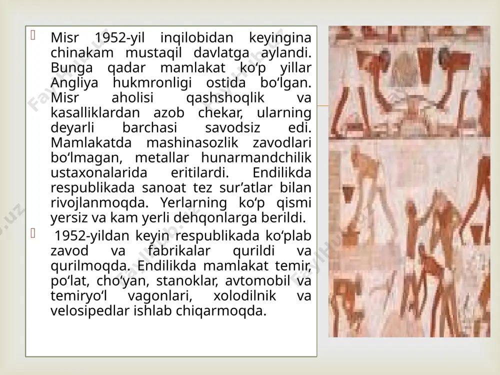 kundalik gaz., 1875 y.dan), „al-axbor“ („xabarlar“, kundalik gaz., 1944 y.dan), „al-jumhuriya“ („respublika“, kundalik gaz., 1953 y.dan), „al-aholi“ (kundalik gaz., 1978 y.dan), „axbor al-yaum“ („kun yangiliklari“, kundalik gaz., 1944 y.dan). „alahror“ („liberallar“, haftalik gaz., 1977 y.dan), „al-vafd“ („delegatsiya“, haftalik gaz., 1984 y.dan), „axer saa“ („soʻnggi soatda“, haftalik jur., 1934 y.dan), „alka-vakib“ („yulduzlar“, haftalik jur., 1952 y.dan), „oktobr“ („oktyabr“, oylik jur., 1976 y.dan) — hammasi arab tilida; „jurnal d’ejipt“ („misr gazetasi“, fransuz tilida chikadigan kundalik xususiy gaz., 1936 y.dan), „ijipshn gazett“ („misr gazetasi“, ingliz tilida chiqadigan kundalik gaz., 1880 y.dan), „ijipshn meyl“ („misr pochtasi“, ingliz tilida chikadigan gaz., 1910 y.dan) va b. yaqin sharq axborot agentligi (mena), m.ning rasmiy axborot agentligi, 1955 y.datuzilgan. m. radioeshittirish va telekoʻrsatuv uyushmasi 1928 y.da tashkil etilgan. junalistikasi  misr— agrar-industrial mamlakat. jahon bozoriga yuqori si-fatli uzun tolali paxta va undan toʻqilgan gazlamalarni koʻp mikdorda yetkazib beradi. 70-y.lar oxiri —80-ylar boshlarida neft qazib olish va eksport qilish …