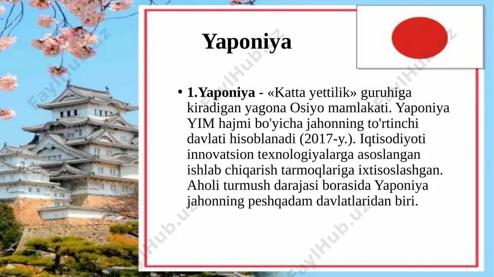 ashgan davlatlar - kipr, livan, maldiv respublikasi. bu hududiy jihatdan kichik, boy rekreatsion resurslarga ega davlatlarning ijtimoiy-iqtisodiy rivojlanishi hozirgi sharoitda turizm hamda xizmatlar sohasi, ayniqsa, bank-moliya sektori bilan bog'liq. sust rivojlanayotgan agrar-industrial davlatlar 9.sust rivojlanayotgan agrar-industrial davlatlar. bular: vyetnam, kambodja, bangladesh, shri-lanka, iroq, kxdr va boshqa mamlakatlar bo'lib, asosan, qishloq xo'jaligi, tog'-kon, yengil yoki oziq-ovqat sanoatiga ixtisoslashgan. iqtisodiyoti eng qoloq agrar davlatlar 10.iqtisodiyoti eng qoloq agrar davlatlar - afg'oniston, nepal, yaman, myanma, sharqiy timor, laos, butan. ularda sanoat juda sust rivojlangan, shuningdek, qishloq xo'jaligida mehnat unumdorligi ancha pastdir. topshiriqlar 1. mavzuni o`qish 2. jadvalni to`ldirish iqtisodiy rivojlanganligi va xo‘jaligining ixtisoslashuviga ko`ra bo`linishi asosiy ma’lumotlar (dastlabki 2 ta gap) yaponiya isroil xitoy va hindiston osiyoning yangi industrial davlatlari yirik indusrial-agrar davlatlar neftni eksport qiluvchi mamlakatlar o‘tish iqtisodiyotidagi davlatlar turizm va xizmatlar sohasiga ixtisoslashgan davlatlar sust rivojlanayotgan agrar-industrial davlatlar iqtisodiyoti eng qoloq agrar davlatlar image1.jpeg image2.jpeg image3.jpeg image4.jpeg image5.jpeg image6.jpeg image7.jpeg image8.jpeg …