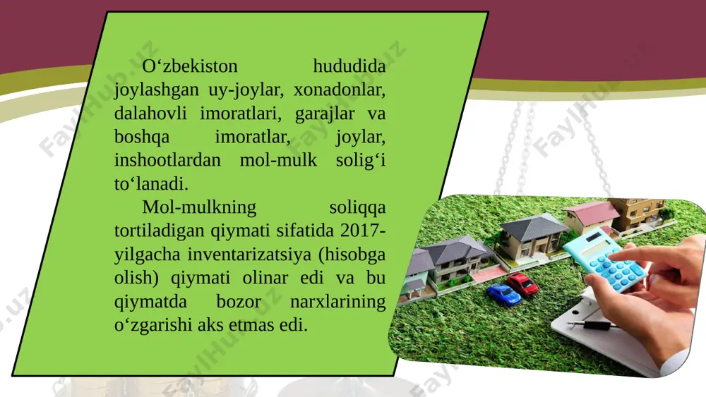 -mulk tadbirkorlarga ijaraga berilsa, yoki undan mulkdorning o‘zi tadbirkorlik maqsadlarida foydalansa, oldingi yillarda bu mol-mulkka nisbatan imtiyozlar qo‘llanilmas edi. 2019- yildan boshlab bu qoida bekor qilindi. ya’ni, bunday mol-mulkka nisbatan ham imtiyozlar saqlab qolinadigan bo‘ldi. mol-mulk solig‘i bo‘yicha imtiyozlar soliq kodeksining 275- moddasida batafsil keltirilgan. mol-mulk solig‘iga tortilishi zarur bo‘lgan mol-mulk egasi bo‘lgan yuridik shaxs mol-mulk solig‘i subyekti hisoblanadi. yuridik shaxslarning mol-mulki solig‘iga tortiladigan mol-mulklari esa mol-mulk solig‘i obyekti bo‘ladi. har qanday jismoniy shaxsning ma’lum miqdorda mol-mulki bo‘ladi. qonunga ko‘ra, mol-mulkidan soliq to‘lovchi shaxs mol-mulk solig‘i to‘lovchisi (subyekti) hisoblanadi. jismoniy shaxslardan olinadigan soliq to‘lovchilari quyidagi shaxslardir: mulkida soliqqa tortilishi joiz bo‘lgan mol-mulk egalari bo‘lgan o‘zbekiston respublikasi fuqarolari; o‘zbekiston hududida soliqqa tortilishi joiz bo‘lgan mol-mulk egalari bo‘lgan chet el fuqarolari. bunda ayrim hollarda xalqaro shartnomalarga binoan boshqacha tartib amal qilish mumkin; yuridik shaxs tashkil etgan va tashkil etmagan holda tuzilgan dehqon xo‘jaliklari. jismoniy shaxsning mol-mulki esa soliq solish obyekti bo‘ladi. image2.jpeg …