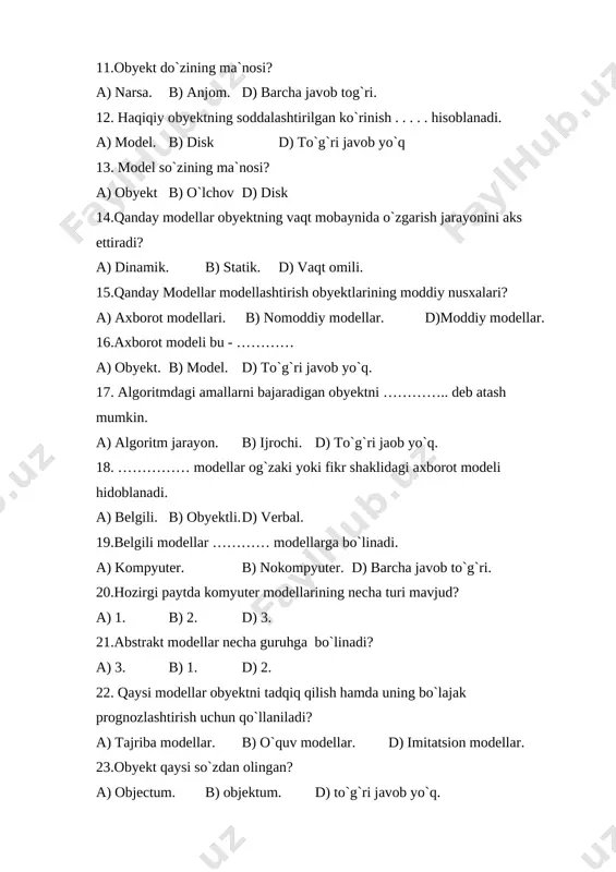 lanadigan qismi nima deb yuritiladi? a) summ. b) product. d) ichki sikl tanasi. 7.tarkibida bir necha turdagi algoritmlar qatnashgan algoriymga ………….. deyiladi. a) aralash algoritm b) tarmoqlanuvchinalgoritm. d) tekshiruvchi algoritm. 8.kompyuter uchun dastur tuzish arayoni nima deyiladi? a) kompyuter dasturi. b) dasturlash. d) dasturchi. 9.kompyuterda biror masalani hal qilish uchun eng avvalo nima qilinadi? a) kompyuterga yoziladi. b) dastur tuziladi. d) modeli va algoritmi tuziladi. 10. yaratilgan matn kompyuter tilida nima deb ataladi? a) yozilgan dastur. b) tuzilgan dastur. d) algoritm. 11.dastur tuzuvchi shaxs nima deb yuritiladi? a) dasturchi. b) foydalanuvchi. d) to`g`ri javob yo`q. 12. kir yuvish mashinasi ham dasturlash asosida ishlaydimi? a) yo`q. b) ha. d) to`g`ri javob yo`q. 13.kompyuter tushunadigan va muloqat olib boradigan “til” ……… deb ataladi. a) dastur. b) dasturlash tili. d) dasturlash algoritmi. 14.translyatr nima? a) dastur turi. b) dasturchi nomi. d)tarjimon tili. 15. ide so`zining to`liq nomi? a) integrated development environment. b) integrated …