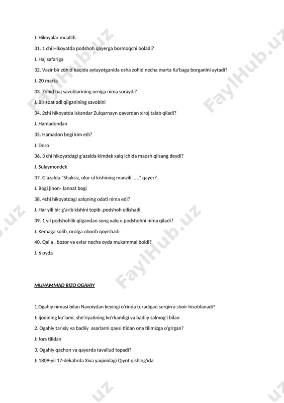 45-yildan 12. 1846-1855- yillarda yozilgan tarixiy asarlari qaysi? j: "zubdat ul-tavorix" "jome ul-voqeoti sultoniy" 13. tarjimalarini sanang. kaykovus "qobusnoma" nizomiy "haft paykar" "sa'diy sheroziy "guliston" hiloliy "shoh va gado" jomiy" yusuf va zulayho" 14. xix asrning oltmishinchi yillarda yozgan tarixiy asarlarini ayting. j:"gulshani davlat" "shohidi iqbol" 15.ogahiyning asosiy she'riy merosi nimada to'plangan? j: "ta'viz ul-oshiqin" devonida 16. "oshiqlar tumori" ma'nosini beruvchi asar kimning talabi bilan tuzilgan? j: feruz—muhammad rahimxon soniy 17. "ta'viz ul-oshiqin" da necha jabrdagi necha ming misra jam olgan? j: 20 dan ortiq janrdagi 20 ming misrali1 18. ularnimg fors tilida bitilgani qanchani tashkil etadi? j: bir ming uch yuz misradan ortig'i 19. ogahiyning tabiat tasviriga bag'ishlangan g'azallarida shoirning qanday ekanligi namoyon bo'ladi? j: peyzaj uztasi, o'tkir nigoh egasi 20. fasl tarovati, go'zalligini berishda qaysi san'atlardan foydalanadi? j:tashbih, tashxis, sifatlash 21. ogahiyning yujsak badiiy mahoratini, chinakam san'atkor shoir ekanligini tasdiqlaydigan g'azallari qaysi? j: "yuzung ochkim,quyosh sadqang bo'lub..." "mushkin …