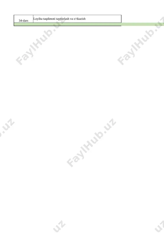 an mavzu bo‘yicha loyiha variantlarini tayyorlash. loyiha mavzusini mustaqil tanlash loyiha ishi haqida ma'lumot yozish 34-dars loyiha taqdimoti tayyorlash va o‘tkazish mustahkamlash jami 34 soat