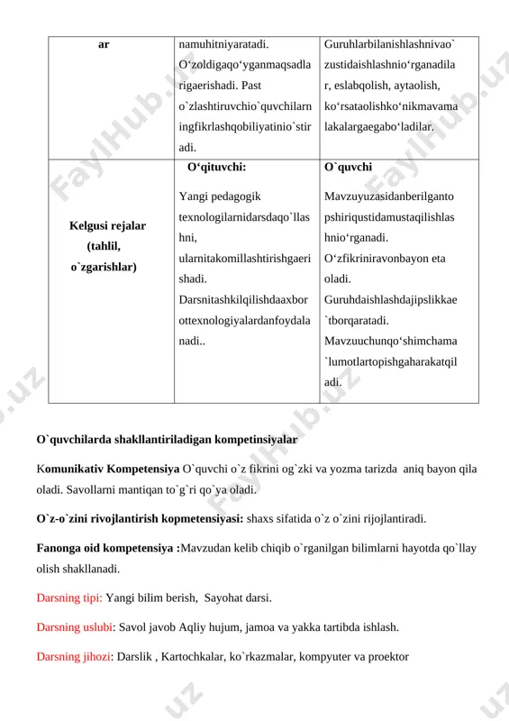 ang. 4-savol:uchburchak tomonlariga ko`ra qanday turlarga bo`linadi. 5-savol: uchburchakning perimetri qanday topiladi. yangi mavzu bayoni navoiy bekati yurtboshimizning “ichki turizimni rivojlantirish” to`g`risidagi farmoni e`lon qilingan edi.bugungi darsimizni shu munosabat bilan sayohat darsi deb nomladik . sayohatni xorazm viloyatiga uyishtiramiz. samarqnd , navoiy buxoro va xorazm bekatlari darsimizning ketma –ket bekatlaridir. sinfni ikki guruhga, sinf jurnalidagi toq sonlar 1-guruh “bilimdonlar”, juft sonlar 2-guruh “a`lochilar” bo`lamiz. uchburchakning yuzini hisoblash uchun abcd to`g`ri to`rtbuchakdan foydalanamiz. uning ac dioganalini o`tkazib ikkita teng ucburchakalrga ajratamiz. [image: ] tomonlari –bo`yi (asosi) a va eni (balandligi) b to`g`ri [image: ]to`rtbuchakning yuzi s=ab ekanligidan bitta to`g`ri burchakli uchburchakning yuzi to`g`ri to`rtbuchak yuzidan ikki marta kichik ya`ni ga teng. to`g`ri burchakli uchburchakda a va b lar uning katetlaridir. to`g`ri burchakli uchburchakning yuzi katetlar uzunliklari ko`paytmasining yarimiga teng. har qanday uchburchakni doimo ikkita to`g`ri burchakli uchburchakka ajratish mumkin. u holda har qanday uchburchakning yuzi uning asosi va balandligi ko`paytmasining yarmiga …