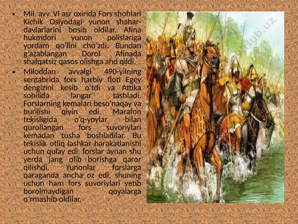 rks qo’shinlari janubiy yunonistonga yetib bordi. femistoklning maslahati bilan yunonlar 200 ta harbiy kema-triyera qurishdi. bu harbiy kemalar qoyalar orasidan va sayoz joylardan oson suzib o’tar, o’sha davr uchun eng katta tezlikda – soatiga 18 kilometr tezlikda suza olar edi. hal qiluvchi dengiz jangi miloddan avvalgi 480-yilda tor salamin bo’g’ozida bo’lib o’tdi. yunon davlatlarining birlashgan floti forslarning harbiy flotidan kuchli edi. yengilganidan keyin kserks flotning qoldiqlari bilan yunonistonni tark etishga majbur bo’ldi. miloddan avvalgi 479-yilda forslar tag’in afinani bosib olishga urinib ko’radilar. biroq yunonlarning birlashgan lashkari plateya shahri yaqinida fors qo’shinlarini tor-mor etdi. bu yunon-fors urushlaridagi yirik jang edi. fors shohi bilan tuzilgan shartnomaga muvifiq u old osiyodagi barcha yunon polislari mustqilligini e’tirof etdi, yunonlarga qarshi harbiy harakat olib bormaslikka va’da berdi. shunday qilib, yunon shaharlari ko’pchiligining birligi va ozodlik uchun jang qilgan yunonlarning qahramonligi nihoyatda kuchli raqib ustidan g’alaba qozonishga imkon berdi. 40 yildan ko’proq davom etgan yunon-fors urushlari …