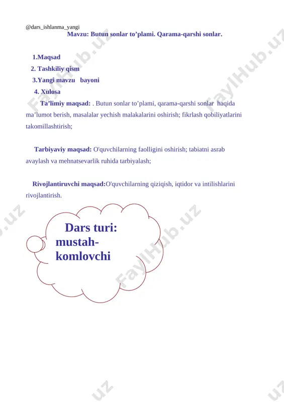 7. son o'qidan foydalanib, tengsizlikning butun yechimlarini toping: 1) 2,8 <x<9,1; javob: 3; 4; 5; 6; 7; 8; 9. 2) -4,9 <x< 3,4; javob: -4; -3; -2; -1; 0; 1; 2; 3. 3) -6 <x<0. javob: -5; -4; -3; -2; -1. 8. -6,8; -17; [image: ]; 36,3; 0; -8,9; -4; 13,7; -50; 43; -123; 400 sonlari ichidan: 1) musbat butun sonlarni; 3) musbat kasr sonlarni; 2) manfiy butun sonlarni; 4) manfiy kasr sonlarni ajratib yozing. javob: 1) 0; 43; 400; 2) -17; -4; -50; -123; 3) 36,3; 13,7; 4) -6,8; [image: ]; -8,9. 9. a, b, c, d, e, f, p va q nuqtalarning koordinatalarini yozing. [image: ] javob: a(-6); b(-5,5); c(-3,5); d(0,5); e(1); f(2,5); p(4); q(5,5). 10. tengliklardan qaysi biri to'g'ri: l) -(-7) = 7; 3) +9,8 = -(+9,8); 5)-8 = -(+8); 2) -(+9) =-9; 4) -(+11) = -11; 6) -(-32) = 32? javob: l) -(-7) = 7; 2) …