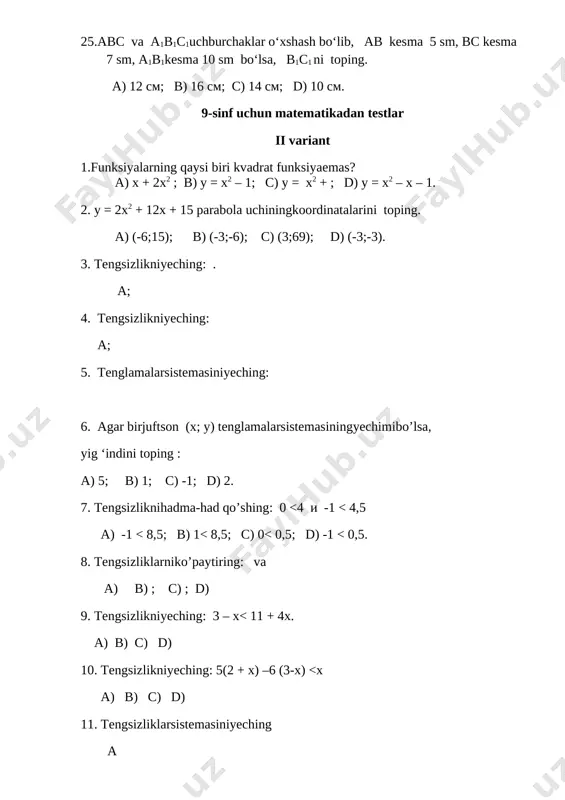 v) 110o; g) 120o. 23. xordi as i vd peresekayutsya. naydite ugol sad, esli ugol avd raven 40o, ugol ads raven 70o. a) 70o; b) 75o; v) 80o; g) 60o. 24. kateti pryamougolnogo treugolnika ravni 5sm i 12 sm. vichislit radius kruga vpisannogo v treugolnik. a) 2 sm; b)3 sm; v) 1sm; g) 4 sm. 25. treugolnik avs podoben treugolniku a1v1s1. otrezok av raven 5sm, otrezok vs raven 7sm., otrezok a1v1 raven 10sm. naydite otrezok v1s1. a) 12s; b) 16sm; v) 14sm; g) 10sm. ii variant 1. kakaya iz funktsiy ne yavlyaetsya kvadratichnoy? a) x + 2x2 ; b) u = x2 – 1; v) u = x2 + ; g) u = x2 – x – 1. 2. naydite koordinati vershini paraboli u = 2x2 + 12x + 15. a) (-6;15); b) (-3;-6); v) (3;69); g) (-3;-3). 3. reshite neravenstvo . ; 4. reshite neravenstvo ; 5. reshite sistemu …