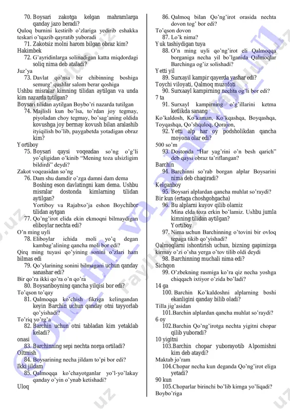 on pir to’yda kim qiyofasida borib bolalarga o’zi ism qo’yishini aytadi? qalandar 42. dostonda “tulkini inlatgan toziday” o’xshatishi kimlarga nisbatan aytilgan? kampirlarga 43. bolalar tug’ilgandan so’ng necha kundan so’ng ism qo’yiladi? 40 kun 44. “ tarzi gul yuzli, shirin so’zli, bir siyosatlik kishi” deb kim ta’riflangan? shohimardon pir 45. shohimardon pir boybo’rining bolalariga qanday ism qo’yadi? hakimbek va qaldirg’och 46. shohimardon pir boysarining qiziga qanday ism qo’yadi? oybarchin 47. hakimbekning o’ng kiftida kimning panjasini dog’i bor edi? shohimardon pirning 48. oybarchin va hakimbekni beshikkerti qilib unashtirib qo’ygan obraz kim? shohimardon pir 49. hakimbek bilan hech kim barobar bo’lolmasin deb duo qilgan obraz kim? shohimardon pir 50. oybarchin hakimbekdan necha yosh kichik? yoshi teng 51. bolalar necha yoshda maktabga chiqishadi? uch yoshda 52. boybo’ri hakimbekni nima uchun maktabdan ayirib oladi? shohlik, sipohlik ilmini o’rgatish uchun 53. bolalar necha yoshda savod chiqarishadi? yetti yoshda 54. boysari nima uchun qizini maktabdan ayirib oladi? …