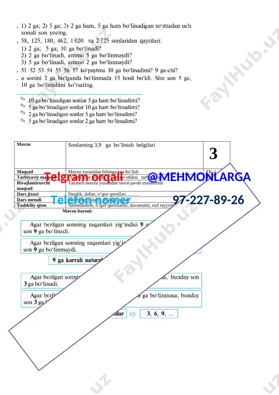 h tk-3 rivojlantiruvchi maqsad tayanch mavzu yuzasidan savol-javob uyushtirish tk-4 dars jixozi darslik, daftar, o’quv qurollari……… dars metodi muammoli dars, miyaga hujum tashkiliy qism salomlashish, o’quv qurollarini, davomatni, sinf tayyorligini tekshirish mavzu bayoni: [image: ] [image: ] mustahkamlash: [image: ] savol-javob: [image: ]telgram orqali @mehmonlarga telefon nomer 97-227-89-26 mavzu kasrlarning asosiy xossalari 8 maqsad mavzu yuzasidan bilimga ega bo’lish fk-1 tarbiyaviy maqsad o’quvchilar orasida o’zaro do’stlikni tarbiyalash tk-3 rivojlantiruvchi maqsad tayanch mavzu yuzasidan savol-javob uyushtirish tk-4 dars jixozi darslik, daftar, o’quv qurollari……… dars metodi muammoli dars, miyaga hujum tashkiliy qism salomlashish, o’quv qurollarini, davomatni, sinf tayyorligini tekshirish mavzu bayoni: [image: ] mustahkamlash: [image: ] [image: ]telgram orqali @mehmonlarga telefon nomer 97-227-89-26 savol-javob: [image: ] mavzu kasrlarni qisqartirish 9 maqsad mavzu yuzasidan bilimga ega bo’lish fk-1 tarbiyaviy maqsad o’quvchilar orasida o’zaro do’stlikni tarbiyalash tk-3 rivojlantiruvchi maqsad tayanch mavzu yuzasidan savol-javob uyushtirish tk-4 dars jixozi darslik, daftar, o’quv qurollari……… dars metodi muammoli …