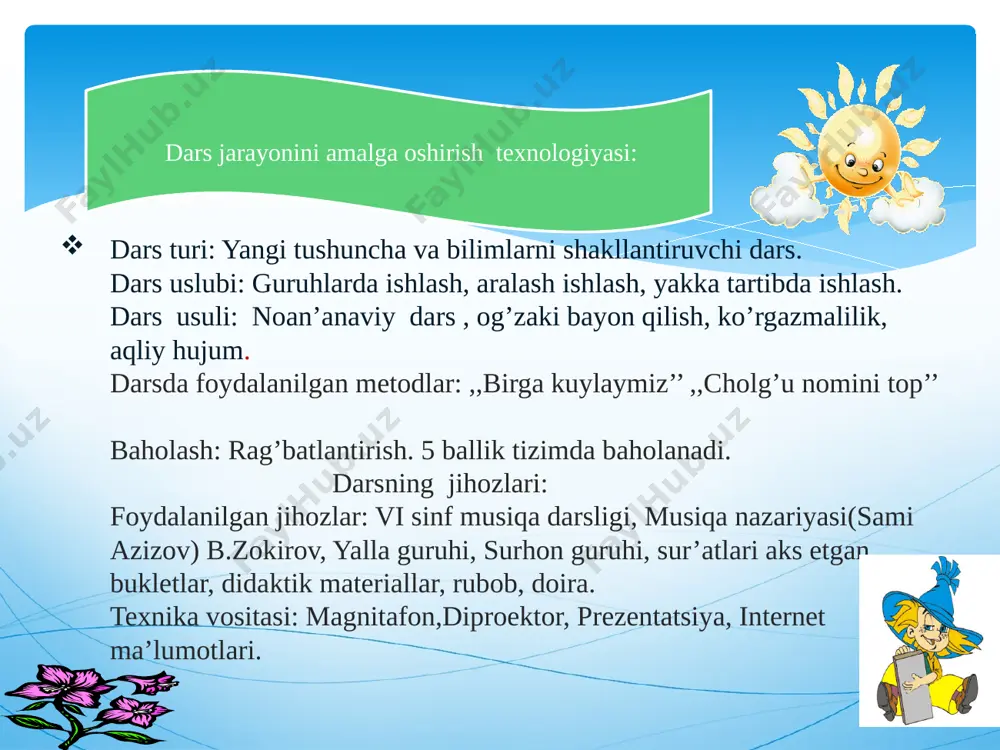 o’zbek estrada san’atini yoshlarga targ’ib qilmoqda. iii.jamoa bo’lib kuylash: ,,o’zbegimdan aylanay’’ qo’shig’i. “birgalikda kuylaymiz” o’yini. bu o’yinda o’quvchilar uyga vazifa qilib berilgan folklor janriga oid tayyorlab kelgan qo’shiqlarini ijro etadilar. “cholg’u nomini top” o’yini. magnitafon orqali 5 ta cholg’u sozi yordamida musiqa yordamida musiqa tinglatiladi, har ikkala guruh o’quvchilari o’z jamoalari bilan kelishgan holda javob beradilar. skripka,tanbur,pianino, klarnet , sibizg’a cholg’ularining ovozlari tinglanadi. v.musiqa savodi.berilgan kuyni dirijyorlik qilib, notalarni aniq, ravon va sof tovush bilan kuylang. 1.estrada musiqasi ilk bor qaysi davlatlarda shakllangan? 2.o’zbekistonda estrada musiqasiga kim asos solgan? 3.estrada musiqasini qanday kuchlardan himoya qilishimiz zarur? vi.mustahkamlash. vii.uyga vazifa.bugungi estrada musiqasini yuqori cho’qqilarga olib chiqqan xonandalar asarlarini o’rganish, ,,ozbegimdan aylanay’’ qo’shig’ini o’rganib kelish. image3.gif image4.png image5.wmf image6.png image7.png image8.png image9.png image10.png image11.png image12.png image13.png image14.png image15.png image16.png image17.png image18.png image27.png image28.png image29.png image19.png image20.png image21.png image22.png image23.png image24.png image25.png image26.png image30.jpeg image31.jpeg image32.jpeg image33.png image34.png image35.png image36.png image37.png image38.png image39.png …