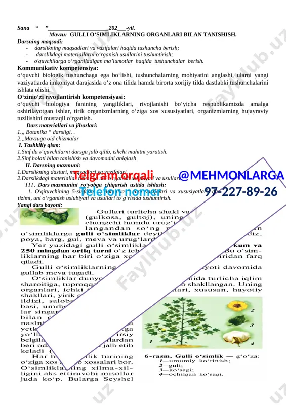 abki tushunchalarini ishlata olishi. o‘zinio‘zi rivojlantirish kompetensiyasi: o‘quvchi biologiya fanining yangiliklari, rivojlanishi bo‘yicha respublikamizda amalga oshirilayotgan ishlar, tirik organizmlarning o‘ziga xos xususiyatlari, organizmlarning hujayraviy tuzilishini mustaqil o‘rganish. dars materiallari va jihozlari: 1.,, botanika “ darsligi. . 2.,,mavzuga oid chizmalar i. tashkiliy qism: 1.sinf da o‘quvchilarni darsga jalb qilib, ishchi muhitni yaratish.telgram orqali @mehmonlarga telefon nomer 97-227-89-26 2.sinf holati bilan tanishish va davomadni aniqlash ii. darsning mazmuni: 1.darslikning dasturi, maqsadlari va vazifalari. 2.darslikdagi materiallar tizimi va uni o'rganish uslubiyati va usullari. iii. dars mazmunini ro‘yobga chiqarish ustida ishlash: 1. o'qituvchining 5-sinfdagi ,, botanika “ fani vazifalari va xususiyatlari, darslikdagi materiallar tizimi, uni o’rganish uslubiyati va usullari to‘g‘risida tushuntirish. yangi dars bayoni: [image: ] [image: ][image: ] iv. o‘rganilgan mavzuni mustahkamlash: 1.savol-javob va mavzuning asosiy mazmunini takrorlash orqali amalga oshiriladi. 2.guruhlard a ishlash yakunlarini chiqarish.telgram orqali @mehmonlarga telefon nomer 97-227-89-26 v. dars yakunlarini chiqarish: o‘qituvchi o‘quvchilar bajargan yozma va og‘zaki javoblar uchun …