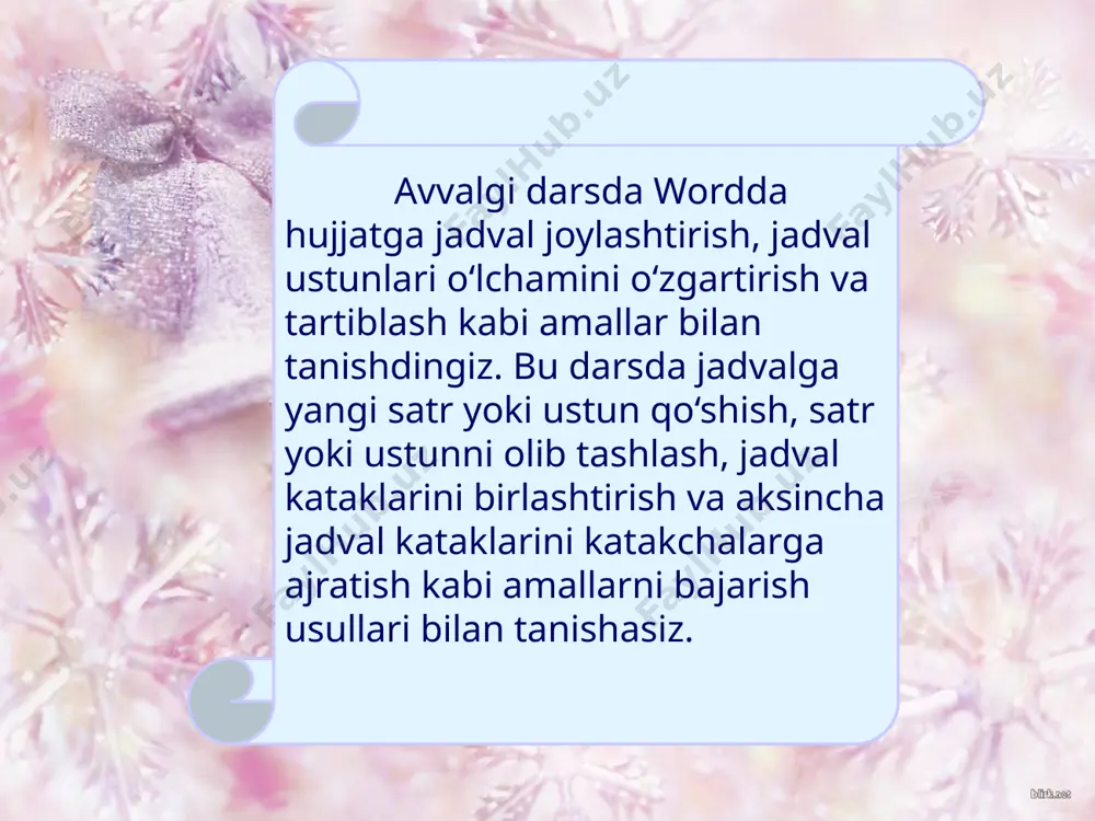 sil qiling: 2. quyidagi ko‘rinishdagi jadvalni hosil qiling: uyga vazifa reyting ballari tartib raqami familiyasi, tug‘ilgan yili i yarim yillik ii yarim yillik yillik ball ismi sharifi k a r o h c 2-chorak 3-chorak 4-chorak manzil o - 1. quyidagi jadvalni hosil qiling. o'quvchilarni baholash: e'tiboringiz uchun rahmat! audio1.wav image1.jpeg image2.gif image3.gif audio2.wav image4.jpeg image5.jpeg image6.png image7.png image8.png image9.png image10.png image11.png image12.png image13.gif image14.png image15.png image16.png image17.png image18.gif image19.png image20.png image21.png image22.png image23.png image24.png image25.gif image26.jpeg image27.jpeg image28.jpeg image29.wmf image30.wmf image31.jpeg image32.wmf image33.gif image34.gif