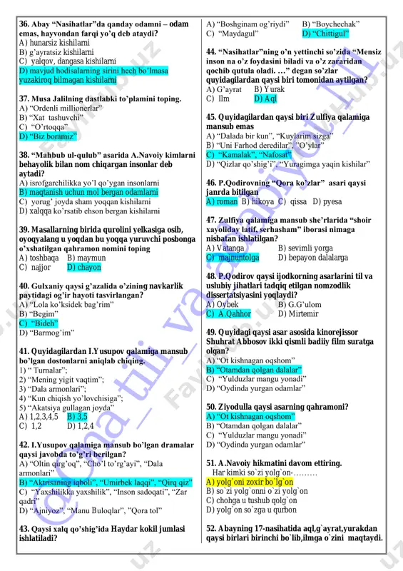 ,3,4,5,6 b) 2,4,5,6 c) 1,3,5 d) 1,4,5 27. o. yoqubovning qissa janrida yozilgan asarlarini belgilab chiqing. 1) “billur qandillar”; 2) “izlayman”; 3) “qanot juft bo’ladi”; 4) “muqaddas”; 5) “bir feleyton qissasi”; 6) “tilla uzuk” a) 1,2,3,4,5,6 b) 1,2,5,6 c) 1,3,4,5,6 d) 1,2,4,5,6 28. qaysi g’azalning lirik qahramoni obrazi umumlashma obraz darajasiga ko’tariladi? a) “lola ko’ksidek bag’rim” b) “ey to’ti” c) “bideh” d) “barmog’im” 29. a.o’tar tomonidan jamlangan she’riy devoni qanday nomlangan? a) “taviz ul-oshiqiyn” b) “saodatul-iqbol” c) “tajohil ul-orifun” d) “mahmil ul-irfon” 30. ”o’zbegim” qasidasida tog’lar nimaga qiyoslangan? a)osmon ustuniga b)olam tayanchiga c) ajdarga d) bobolar dahosiga 31. o’.hoshimovning dramalari qaysi javobda to’g’ri berilgan? a) “bahor qaytmaydi”, “to’ylar muborak”, “inson sadoqati” b) “to’ydan oldin tomosha”, “shamollar esaveradi”, “mardlik cho’qqisi” c) “chin muhabbat”, “qatag’on”, “taqdir” d) “to’ylar muborak”, “qatag’on”, “inson sadoqati” 32. s. ahmadning qaysi asarida xalqimizning ikkinchi jahon urushi arafasida, urush yillari va undan keying ilk davrlardagi hayoti aks ettirilgan? …