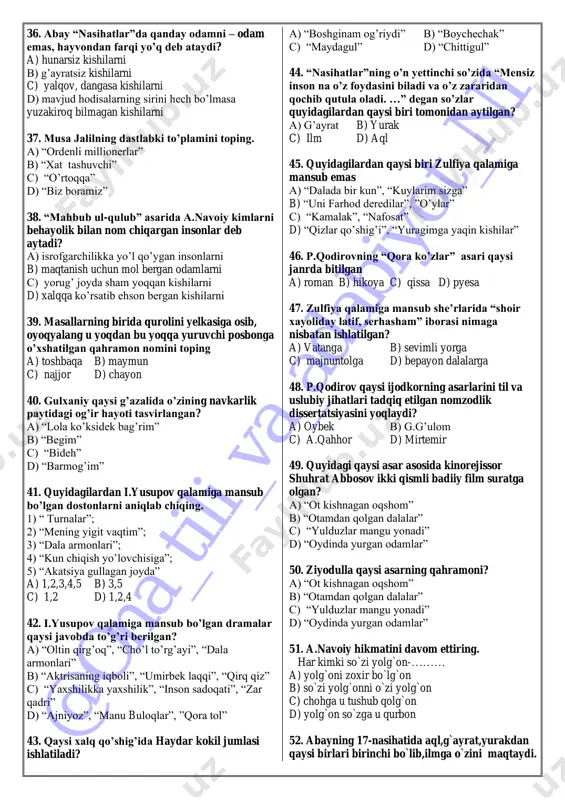 ,3,4,5,6 b) 2,4,5,6 c) 1,3,5 d) 1,4,5 27. o. yoqubovning qissa janrida yozilgan asarlarini belgilab chiqing. 1) “billur qandillar”; 2) “izlayman”; 3) “qanot juft bo’ladi”; 4) “muqaddas”; 5) “bir feleyton qissasi”; 6) “tilla uzuk” a) 1,2,3,4,5,6 b) 1,2,5,6 c) 1,3,4,5,6 d) 1,2,4,5,6 28. qaysi g’azalning lirik qahramoni obrazi umumlashma obraz darajasiga ko’tariladi? a) “lola ko’ksidek bag’rim” b) “ey to’ti” c) “bideh” d) “barmog’im” 29. a.o’tar tomonidan jamlangan she’riy devoni qanday nomlangan? a) “taviz ul-oshiqiyn” b) “saodatul-iqbol” c) “tajohil ul-orifun” d) “mahmil ul-irfon” 30. ”o’zbegim” qasidasida tog’lar nimaga qiyoslangan? a)osmon ustuniga b)olam tayanchiga c) ajdarga d) bobolar dahosiga 31. o’.hoshimovning dramalari qaysi javobda to’g’ri berilgan? a) “bahor qaytmaydi”, “to’ylar muborak”, “inson sadoqati” b) “to’ydan oldin tomosha”, “shamollar esaveradi”, “mardlik cho’qqisi” c) “chin muhabbat”, “qatag’on”, “taqdir” d) “to’ylar muborak”, “qatag’on”, “inson sadoqati” 32. s. ahmadning qaysi asarida xalqimizning ikkinchi jahon urushi arafasida, urush yillari va undan keying ilk davrlardagi hayoti aks ettirilgan? …