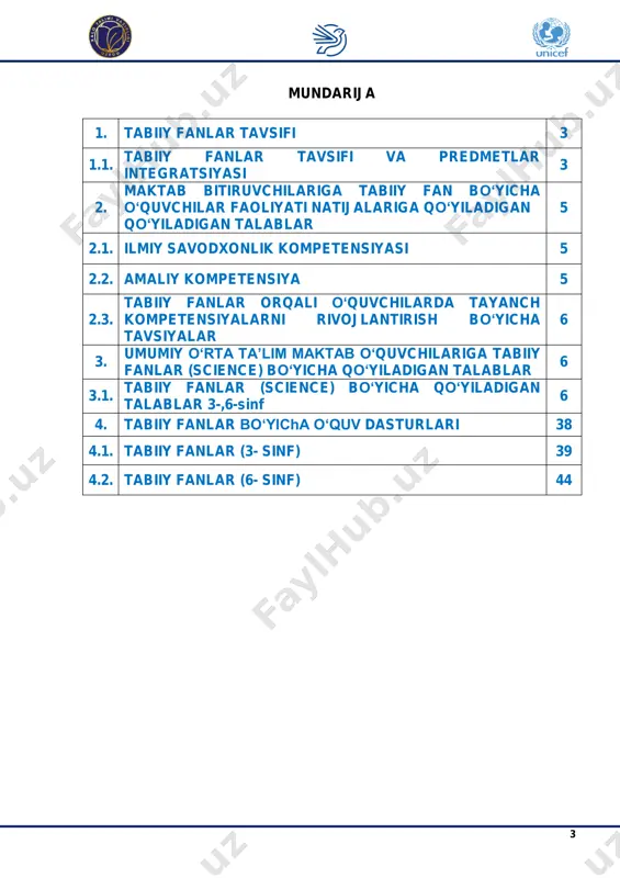 ki tashqi, ya’ni turdosh blok-modullar tarkibiga kiruvchi fanlar bilan integratsiyasi ham 5 katta ahamiyatga ega. jumladan, quyidagi fan yo‘nalishlari bilan o‘zaro chambarchas aloqalari muhim hisoblanadi: ona tili va adabiyot, xorijiy tillar orqali shakllantiriladigan kompetensiyalar tabiiy fanlarni o‘qitishda o‘quvchilarning ijodiy fikrlashini rivojlantirishda, yozma va og‘zaki ravishda o‘z qarashlarini ravon bayon etish malakalarini hosil qilishda, ilmiy atamalarni to‘g‘ri qo‘llash hamda baxs-munozaralar jarayonida erkin muloqot qilishga o‘rgatishda muhim o‘rin tutadi. matematika o‘quv predmetida o‘rgatiladigan malakalar tabiiy fanlar darslarida matematik o‘lchov va hisob-kitoblar bilan bog‘liq masalalarni yechish, laboratoriya va boshqa tajribalarni o‘tkazish jarayonida eng maqbul yechim topa olish va to‘g‘ri qaror qabul qilish uchun ahamiyatlidir. informatika va axborot texnologiyalari o‘quv predmeti yordamida tabiiy fanlarni o‘qitish jarayonining samaradorligini turli ko‘rinishdagi axborot-kommunikatsiya texnologiyalari va kompyuter texnikasidan foydalanish orqali oshirishga imkoniyatlarni yaratadi. tarix o‘quv predmeti tabiiy fanlar bilan ham bevosita bog‘langan. ilm- fan yutuqlarining ishlab chiqarish sohalari, iqtisodiy-ijtimoiy munosabatlarining rivojlanishi va atrof-muhit holatiga ta’sirini ko‘rsatishda tarixiy ma’lumotlarning …