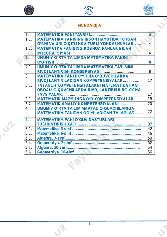fani va ta’limini har tomonlama takomillashtirish va rivojlantirish yuzasidan qator salmoqli vazifalar belgilangan. matematika olamni, dunyoni bilishning asosi boʻlib, tevarak- atrofimizdagi voqea va hodisalarning oʻziga xos qonuniyatlarini ochib berishda juda katta ahamiyatga egaki, matematik bilimlarsiz ishlab chiqarish va fanning rivojlanishini tasavvur qilib boʻlmaydi. shuning uchun ham matematik madaniyat — umuminsoniy madaniyatning tarkibiy qismi hisoblanadi va va matematika jamiyatimizning barcha jabhalariga juda katta madaniy qiymat qoʻshadi. mamlakatimizning dunyo hamjamiyatiga integratsiyalashuvi, fan- texnika va texnologiyalarning rivojlanishi yosh avlodning oʻzgaruvchan dunyoda raqobatbardosh boʻlishi fanlarni mukammal egallashni taqozo etadi, bu esa ta’lim tizimiga, jumladan, matematikani oʻrgatish boʻyicha ham xalqaro tajriba va andozalarni joriy etish orqali ta’minlanadi. 5 bundan ta’lim boʻyicha qator xalqaro tashkilotlarning tadqiqotlari ham dalolat bermoqda. shu oʻrinda, iqtisodiy hamkorlik va taraqqiyot tashkiloti (oecd)ning 15 yoshli oʻquvchilarning ona tili, matematika va tabiiy fanlar boʻyicha savodxonlik darajasini baholashga qaratilgan pisa - oʻquvchilar yutuqlarini baholash xalqaro dasturi tadqiqotlari natijalari e’tiborga molik. bundan tashqari, ta’limiy yutuqlarni …