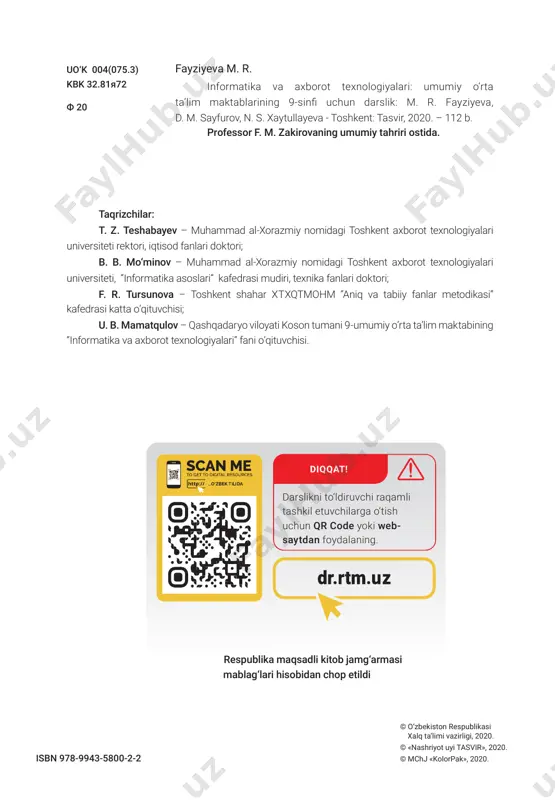 ot ......................................... 16 i bob. kompyuterning mantiqiy ishlash prinsipi masalalarni kompyuterda yechish bosqichlari ....................................................... 17 model va uning turlari .................................. 20 amaliy mashg‘ulot ......................................... 26 ii bob. kompyuterda masalalarni loyihalashtirish va modellashtirish algoritm tushunchasi va uning xossalari ...............................................27 algoritm turlari va tasvirlash usullari .......... 30 amaliy mashg‘ulot ......................................... 34 nazorat ishi .....................................................35 chiziqli algoritmlar ......................................... 35 tarmoqlanuvchi algoritmlar ......................... 37 amaliy mashg‘ulot ......................................... 39 takrorlanuvchi algoritmlar ........................... 40 amaliy mashg‘ulot ......................................... 43 aralash (kombinatsiyalashgan) algoritmlar ....................................................... 44 iii bob. algoritmlash asoslari dastur va dasturlash haqida ......................... 47 dasturlash tillari ............................................. 48 python dasturlash tilini o‘rnatish ................. 51 pythonda o‘zgaruvchilarni tavsiflash .......... 54 pythonda xatoliklar bilan ishlash ................. 57 pythonda ma’lumot turlari ............................ 59 amaliy mashg‘ulot ...........................................61 nazorat ishi ...................................................... 62 iv bob. dasturlash asoslari 4 i bob. kompyuterning mantiqiy ishlash prinsipi 1-dars. mantiq asoslari sizningcha, bular qanday savollar toifasiga kiradi? to‘g‘ri, bular mantiqiy savollar edi, chunki siz mantiqiy fikrlash qobiliyatingiz …