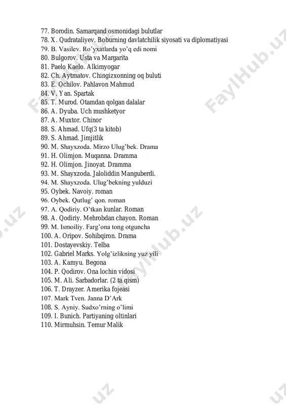 a fojeasi 107. mark tven. janna d’ark 108. s. ayniy. sudxo’rning o’limi 109. i. bunich. partiyaning oltinlari 110. mirmuhsin. temur malik