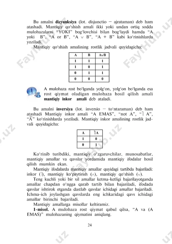 nishlarda yoziladi. mantiqiy inkor amalining rostlik jad­ vali quyidagicha: a 1a 1 0 0 1 ko‘rinib turibdiki, mantiqiy o‘zgaruvchilar, munosabatlar, mantiqiy amallar va qavslar yordamida mantiqiy ifodalar hosil qilish mumkin ekan. mantiqiy ifodalarda mantiqiy amallar quyidagi tartibda bajariladi: inkor (1), mantiqiy ko'paytirish (l), mantiqiy qo‘shish (v). teng kuchli yoki bir xil amallar ketma-ketligi bajarilayotganda amallar chapdan o‘ngga qarab tartib bilan bajariladi, ifodada qavslar ishtirok etganda dastlab qavslar ichidagi amallar bajariladi. ichma-ich joylashgan qavslarda eng ichkaridagi qavs ichidagi amallar birinchi bajariladi. mantiqiy amallarga misollar keltiramiz. 1-misol. a mulohaza rost qiymat qabul qilsa, “a va (a emas)” mulohazaning qiymatini aniqlang. 24 yechish. a rost qiymat qabul qilganligi uchun (a emas) yolg‘on qiymatga ega boladi. u holda rost va yolg‘on qiymatlaming ko‘paytmasidan (“va” amali) yolg£on natijaga ega bo'lamiz. shunday qilib, javob “yolg‘on” ekan. javob: yolg‘on. 2-misol. a va v mulohazalar rost qiymat qabul qilganda a a b v a mulohazaning qiymatini aniqlang. yechish. …