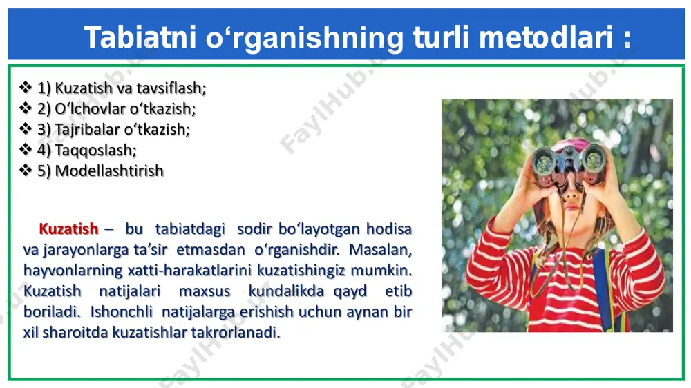 chun dastlab qanday tadqiqot metodlaridan foydalanasiz?  xona gullarini boshqa gultuvakka o‘tkazmoqchisiz, bunda qanday metodlarni bilish talab etiladi?  oshxonada pishiriq yoki taom tayyorlamoqchisiz, qanday metodlardan foydalanasiz?  do‘kondan qovun-tarvuz sotib olmoqchisiz, qanday metodlardan foydalanib, ularni saralab soyib olasiz?  ajratilgan maydonda uy qurmoqchisiz, qanday metodlardan foydalanasiz? e’tiboringiz uchun rahmat! thank you very much!