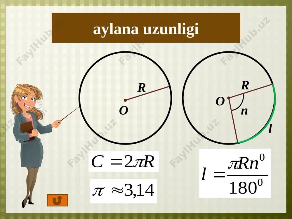 otoriy zakrivaet pravilniy javob 14 ularning radiuslarining nisbati qanday? agar ikki doiraning maydonlari munosabati ... 3 1) …………. algoritmi 2) …………. 3) …………. 1. najat na mini-izobrajenie malchika v pravom nijnem uglu. 2 dlya vizualizatsii javobov vipolnena nastroyka «animirovannaya sorbonka» 3. na knopku «algoritm» najimaem tri raza. dannoy optsiey mojno vospolzovatsya pri neobxodimosti, esli uchashiesya pri reshenii ispitivayut zatrudneniya. 4. najat na mini-izobrajenie malchika v pravom nijnem uglu. 15 ikkita doira umumiy markazi (rasmdagi radiuslar)ma'lum bo'lsa, doira halqasini toping 5 1) 2) …………. o 8 sm 5 sm o 6 sm 4 sm …………. 1. najat na mini-izobrajenie malchika v pravom nijnem uglu. 2 dlya vizualizatsii javobov vipolnena nastroyka «animirovannaya sorbonka» 3. najat na mini-izobrajenie malchika v pravom nijnem uglu. 16 uchburchakka ichki va tashqi chizilgan aylana uzunligi va doira yuzini toping 6 1) 2) …………. a v s 6 sm r …………. …………. …………. o o r 9 sm …