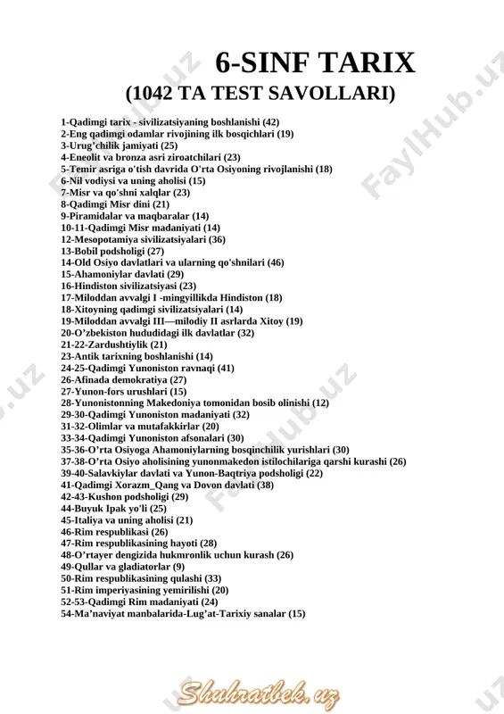 lgohlarda qazishma ishlarini amalga oshiruvchi olimlar qanday ataladi? a) etnograflar b) lingvistlar c) arxeologlar d) antropologlar 11. qadimgi odamlarning qoldiqlari(skelet va boshchanoq)ni tekshiruvchi olimlar qanday ataladi? a) anropologlar b) lingvistlar c) etnograflar d) arxeologlar 12. etnograflar nimani o’rganadilar? a) qadimgi xalqlarning ko’pgina udumlarini, xo’jalik va madaniyat an’analarini o’rganadilar. b) qadimgi odamlarning qoldiqlarini o’rganadilar. c) odamlar yashagan manzillarda qazish ishlarini olib boradilar. d) qadimgi tillarni o’rganadilar. 13. qadimgi tillarni tadqiq qiluvchchi olimlar qanday ataladi? a) antropologlar b) arxeologlar c) lingvistlar d) etnograflar 14. o’rta osiyo tarixi bo’yicha eng qadimgi manba qaysi manba hisoblanadi? a) gerodotning «tarix» kitobi b) behistun qoyatosh yozuvlari c) strabonning «geografiya» asari d) zardushtiylikning «avesto» kitobi 15. «avesto»da yurtimizdagi qaysi tarixiy viloyatlarning aholisi madaniyati to’g’risida ma’lumotlar keltirilgan? a) baqtriya b) so’g’diyona c) hamma javoblar to’g’ri d) xorazm 16. behistun qoyalari qayerda joylashgan? a) erondagi kirmonshoh shahri yaqinida b) buxoro viloyati qorako’l tumanida c) yunonistonning afina shahrida d) surxondaryo …