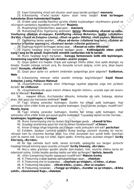 g bevaqt o‘limi munosabati bilan: gar kaklik o‘ldirsa jo‘ja- bolasin, sayray-sayray izlamasdan bo‘lurmi? gar bulbul yo‘qotsa gulin, nolasin, hasratini so‘zlamasdan bo‘lurmi? deb nola chekadi? maxtumquli 9. «echki qo‘shig‘i»… tragediya 10. a.qahhorning qaysi asari dramatik asar? «shohi so‘zana» 11. qaysi ijodkor: «dunyo kulib boqadi yana, qosh va manglayi bilan xo‘mrayadi; bir qo‘li bilan bol tutsa, ikkinchi qo‘li bilan zahar qo‘shadi. qo‘li bilan asal yedirib, taomni lazzatli qilib, keyingi qadahga esa zahar qo‘shib beradi», deya mol-dunyoga nafrat bilan qaraydi? ahmad yugnakiy, «hibat ul-haqoyiq» 12. qaysi ijodkor o‘z hayotini hikmatlar orqali bayon qiladi? ahmad yassaviy 13. qaysi ijodkor g‘azalining matla’sini ko‘z tasviri bilan boshlab, maqtadagi kiprik tasviri orqali asar davomida mutanosiblikning go‘zal namunasini yaratgan? a.navoiy, «qilg‘il» 14. alisher navoiyning qaysi g‘azallari ramali musammani mahzuf yoki maqsurda yozilmagan? «qaro ko‘zum», «qilg‘il» radifli g‘azali. 15. alisher navoiyning qaysi g‘azali ramali musammani mahzuf yoki maqsurda yozilgan? «kelmadi», «jong‘a chun dermen», «bo‘ldum sanga». 16. alisher navoiyning tazkirachilikka …