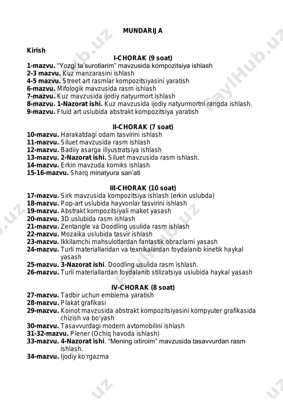 larning iliqlgiga va yorqinligiga ahamiyat berish muhim. yozgi oromgohdan lavhalar xikmat raxmonov. bolalik mavzusdagi asarlari. moybo‘yoq https://www.youtube.com/watch?v=nmjbxpskfzg sunil linus de. baliq ovi, akvarel xose vistan. qog’oz kema, akvarel valentin ivanovich jmakin. anor terish. moybo‘yoq. 1962 https://www.youtube.com/watch?v=nmjbxpskfzg amaliy ish “yozgi ta’surotlarim” mavzusida kompozitsiya ishlash tasvirni ishlash uchun zarur o‘quv qurollari: - rasm daftari; - turli qattiqlik va yumshoq grafit qalamlar to’plami (t1,t2...tn, m1,m2..mn); - qalam o‘tkirlagich; - o‘chirg‘ich; - akvarel; - guash bo‘yog‘i; - suv; - maxsus kistlar; - palitra; mavzuni mustahkamlash uchun savollar: 1. yozgi ta’surotlaringiz haqida so‘zlab bering! 2. yoz faslini qanday ranglar bilan ifodalanadi? 3. yoz va bolalik mavzularida ijod qilgan qaysi rassomlarni bilasiz? uyga vazifa: “yozgi ta’surotlarim” mavzusida kompozitsiya ishlashni yakunlash. 2-3 mavzu: kuz manzarasini ishlash manzara, (peyzaj) — tasviriy sanʼatda tabiat ko‘rinishini aks ettiradigan janr. manzarada shahar ko‘rinishi yoki meʼmoriy majmualar (meʼmoriy manzara), dengiz ko‘rinishlari (marina) va boshqalar ham tasvirlanadi. manzarani turli oqim, yo‘nalish va uslublarda …