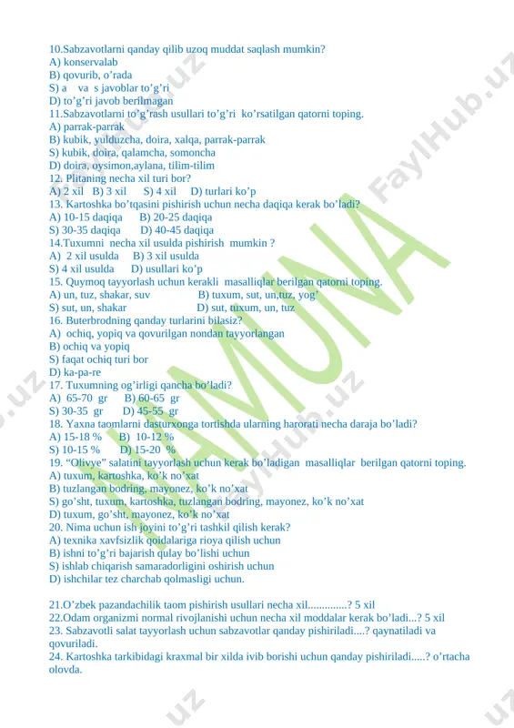 0 11 12 13 14 15 16 17 18 19 20 javob a b d b s a a s b a b a b a b a d b s a 5-sinflar uchun texnologiya fanidan test savollari ii-chorak 1.qo’l ishlarini bajarish necha guruhga bo’linadi? a) 2 guruhga b) 3 guruhga s) 4 guruhga d) guruhga bo’linmaydi 2. qo’l chokini tikayotganda qo’l gavdadan qancha masofada bo’lishi kerak? a) 20 sm b) 10 sm s)30 sm d) mutloq masofa qolmaydi 3.qo’l chokida bir detaldan ikkinchisiga bo’r chiziqlarini ko’chirishda qanday chok ishlatiladi? a) qaviq chok b) bezak chok s) salqi chok d) archa chok 4. qaviqlar tuzilishi jihatidan : a) vaqtincha qaviq b) salqi qaviq s) surma qaviq d) oddiy va murakkab 5. angishvona necha xil bo’ladi? a) 2 xil b) 3 xil s) 4 xil d) 5 xil 6. qo’l yuritmali mashina asosan necha qismdan iborat va ular qaysilar? a) 2 …