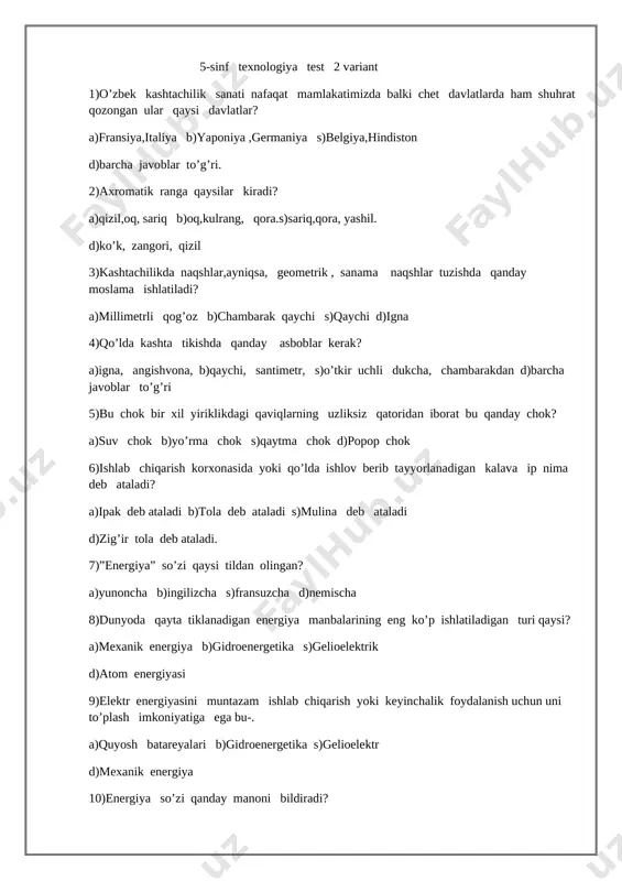)gidravlika 13)loyiha ishi necha bosqichlardan olib boriladi? a)5 bosqichda b)4 bosqichda s)3 bosqichda d)2 bosqichda 14)harakatlanuvchi sodda gidravlik ekskavator yasash uchun qanday jihoz va moslamalar kerak bo’ladi? a)drel , burama mix b)bolt gayka, arra, otvyorka, s)klyuch,shpris, polimer naycha d)barcha javoblar to’g’ri 15)mexatronika nechanchi yilda joriy etilgan? a)1965 yilda b)1960 yilda s)1969 yilda d)1970 yilda 1 2 3 4 5 6 7 8 9 10 11 12 13 14 15 d b a d s s a b a d s b a d s
