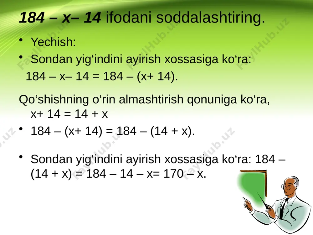 hidan ayirmani ayirish kerak (x+ 43) – 23 = 52 tenglamani yeching. yechish: bu tenglamani ikki xil usulda yechish mumkin. 1-usul: 2-usul: ko‘rib turganingizdek, har ikkala holda ham tenglama ildizi birxil chiqdi. mavzuni mustahkamlash savollarga javob bering! 1. tenglamaning ildizi nima? 2. tenglamaning ildizi to‘g‘ri topilgani qanday tekshiriladi? 3. noma’lum qo‘shiluvchi qanday topiladi? 4. noma’lum kamayuvchi qanday topiladi? 5. noma’lum ayiriluvchini topish uchun nima qilish kerak? sinfda bajariladigan mashqlar: 217. tenglamada nima ma’lum va nima noma’lumligini aniqlang va uni yeching. namuna: yuqorida ko‘rilgan 3-, 4- va 5- misollar. a) x+ 45 = 79; e) y– 3072 = 1136; b) 1306 + x= 2176; f) 796 – z= 423; d) y– 463 = 361; g) 2609 – z= 1423. 218. 3260 va 4521 sonlarining yig‘indisi 7781 ga teng ekanligidan foydalanib, hisob-kitoblarsiz quyidagi sonli ifodalarning qiymatini va tenglamalarning ildizini ayting: 219. rasmga ko‘ra tenglama tuzing va uni yeching. 220. 23, 45, 12 …