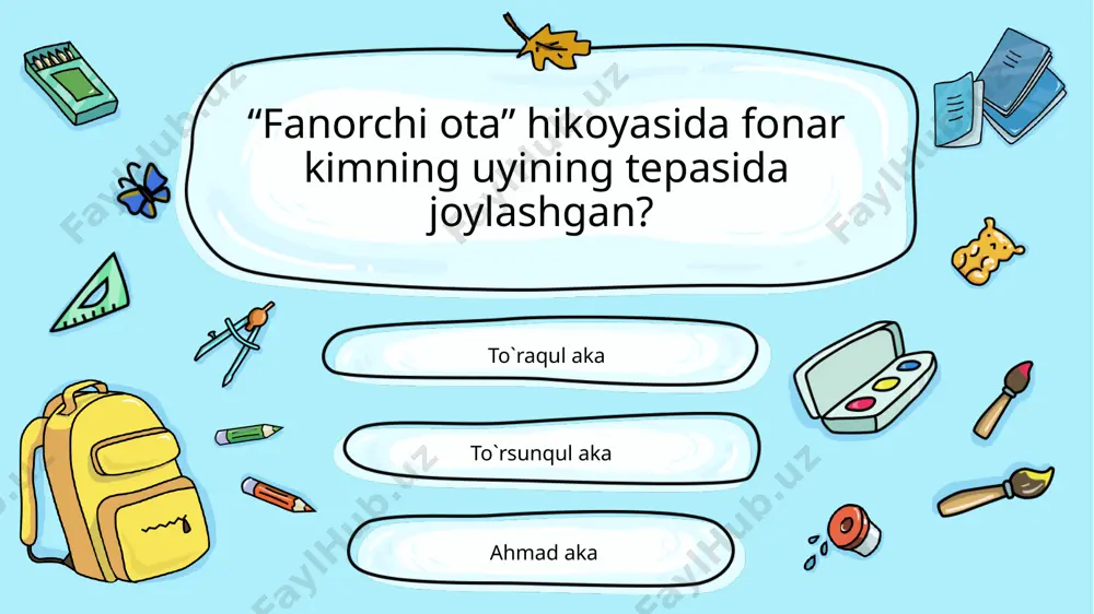i «yoramazon aytar» pallalarini qo‘msaydi? qishlog`im shudring baliq ovi mirtemirning qaysi she’rida mehmonni otaday ulug‘lash, unga bor mehrini berib, ehtirom ko‘rsatish kabi azal-azaldan qolgan udumlarimiz ulug‘lanadi? shudring qishlog`im to`rg`ay uyga vazifa: ta’tilda o`qishi lozim bo`lgan asarlar: bobur ruboiylari o`. hoshimov “dunyoning ishlari” navoiy hayrat ul abror o`ninchi maqolat e’tiboringiz uchun tashakkur! image9.png image10.png image11.png image12.png image1.png image2.png image3.png image4.png image5.png image6.png image7.png image8.png image20.emf image21.png image22.emf image15.png image16.png image17.png image18.png image27.png image19.png audio2.wav image28.png image23.png image24.png image25.png image26.png audio3.wav image13.png image14.png image29.png image30.png image31.png image32.png image33.png image34.png audio1.wav