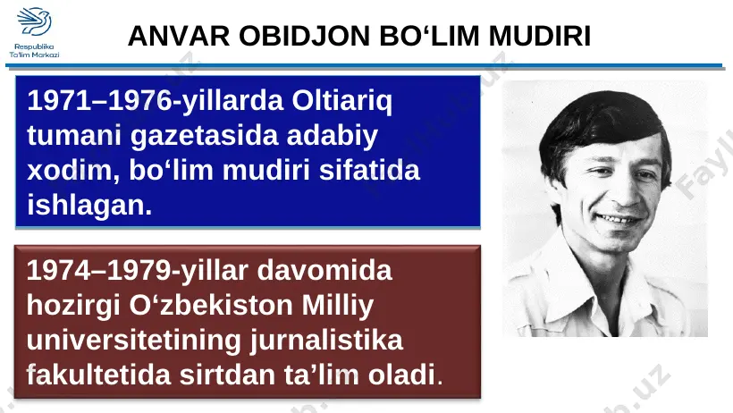 har dami g‘animat…» * o‘zan — daryo vodiysining eng past, suv oqadigan, hatto suv qaytish davrida ham oqim bo‘ladigan qismi birov ishga, birov o‘qishga… suv bosgandek qaqroq o‘zanni odamlarga to‘lar ko‘chalar. asli hatto go‘dak emizmoq barobardir og‘ir yumushga. oshiqarlar, yuraklar qaynoq, birov ishga, birov o‘qishga… shoir samimiyatidan, qalbidagi ezgulikdandir: «hayotning har lahzasi go‘zal, umrning har dami g‘animat…» * yoshlik qaytar qalbga sochib nur duch keladi yuzlab chehralar, ko‘pin qaytib ko‘rmoqlik mahol. ular dilga yaqin naqadar, shuning o‘zi tuganmas iqbol. barchinoylar nigohida sir, alpomishlar ko‘zida yashin. yoshlik qaytar qalbga sochib nur, eslaysan ilk sevgi otashin… hayotning har lahzasi go‘zal, umrning har dami g‘animat. xalqimizning qon-qoniga yurtdoshlik, vatandoshlik tuyg‘usi singib ketgan. dunyoning qay chetida bo‘lmasin, ikki o‘zbekistonlik ko‘rishib qolsa, har ikkisining yuragi quvonchdan yayrab ketadi. holbuki, bu odamlar oldin hech qachon ko‘rishmaganlar, bir-birlarini tanimaydi. * “tinchlik” so‘zin solar yodingga bir mahallar berishgan salom, endi esa olishar alik. tillarida duo, xush kalom, saodatdir …