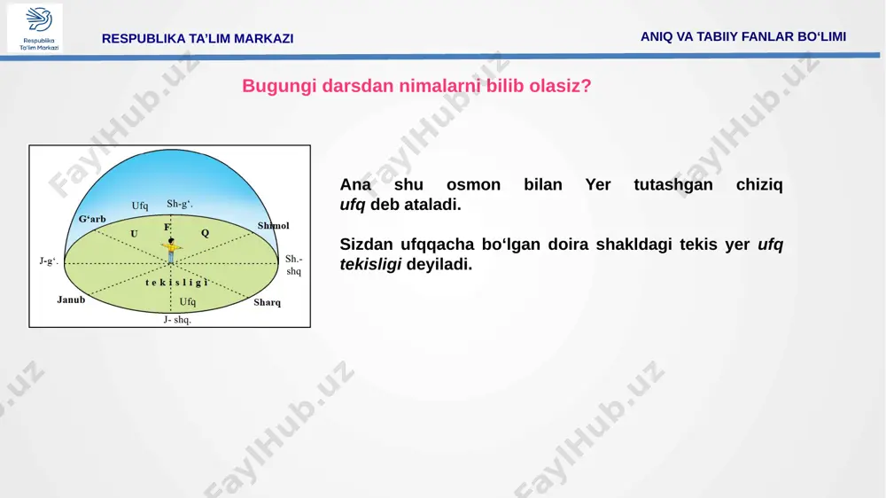 yordamida g‘ildirak necha marta aylanganini hisoblaysiz. respublika ta’lim markazi aniq va tabiiy fanlar bo‘limi bugungi darsdan nimalarni bilib olasiz? azimut bo‘yicha yurish. sizga yakka turgan daraxtdan 40° li azimut bo‘yicha 200 m, so‘ngra 180° li azimut bo‘yicha 500 m va 330° azimut bo‘yicha 300 m yurish topshirildi deylik. azimut bo‘yicha yurganda ishni quyidagi tartibda boshlash kerak. avvalo, yakka daraxt yoniga boriladi. so‘ng kompas strelkasini bo‘shatib, uning shimol uchini 0° nuqtasiga to‘g‘irlanadi. keyin cho‘polib (gugurt cho‘pi bo‘laveradi), uni kompas ustiga shunday qo‘yish kerakki, cho‘p strelka markazi bilan 40° li belgini tutashtirsin. shunda cho‘p yo‘nalishi 40° li azimut yo‘nalishini ko‘rsatadi. sizning o‘rtacha qadamingiz yarim metr edi. endi, siz 200 m yurish uchun 400 qadam tashlaysiz. keyin to‘xtab kompasni yana oriyentirlaysiz, ya’ni shimolni ko‘rsatuvchi strelkani 0° ga keltirasiz. so‘ng cho‘p bilan 180° belgini strelka markazi bilan tutashtirib, 180° li azimutni topasiz va kerakli masofani yurib o‘tasiz. keyingi azimut bo‘yicha yurish ham shu tartibda …
