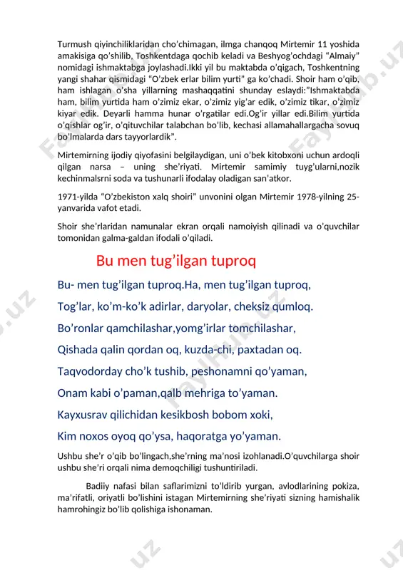 chilarga mavzuni mustahkamlash uchun topshiriqlar beriladi. avvalombor bor,shoir hayoti bo’yicha tarqatmalar beriladi. 1-savol.shoir qachon va qayerda tavallud topgan? 2-savol.shoirning qanday turdagi asarlarini bilasiz? 3-savol.shoir dastlab qayerda o’qiydi? 4-savol.1929-yili bilim yurtini tugatgan mirtemir yo’llanma bilan qaysi shaharga keladi? 5-savol.shoirning qanday she’rlarini bilasiz? savollarga javob berilgach,she’rlarini tahlil qilinadi. “onaginam” tovonimga chaqir tikanakday boyguvchi- g’ashlik. bedavo sizloviqday sizlatguvchi –g’ashlik. jigarimni qiymalab ahyon-ahyon, chuchvaraga chekkuvchi –g’ashlik. meni o’ylab notavon va nimjon, g’ashimga tekkuvchi –g’ashlik. suyaklarimni sirqiratib och tevatday g’ajiguvchi, ko’zimda yosh tirqiratib, jig’ildonimda achchiq bo’zaday achiguvchi g’ashlik…… shoirning she’rlarini o’qib izohlash,savollarga javob berish topishiriladi. 1-savol.shoirning holati dastlabki misralarda qay tarzda ifodalangan? 2-savol.she’rdagi “botguvchi”,”sizlatguvchi”,”chekkuvchi”,”tekkuvchi”,”g’ajiguvchi”,”achiguvchi’ singari sifatlashlar qaysi tushunchaga tegishli?ular qanday she’riy vazifani bajarishga qaratilgan? 4-savol. she’rdagi “g’ashimga tekkuvchi- g’ashlik” ifodasining she’r jozibasini oshirishdagi, kishi ruhiy holatini ifodalashdagi o’rnini tushuntirib bering. 5-savol.ona oldida farzandlik burchini o’tay olmagan kishining afsuslari ifodasi eng avjiga chiqqan o’rnini aniqlang. darsni yakunlash va rag’batlantirish: darsda faol ishtirok etgan o’quvchilarga a’lo baholar …