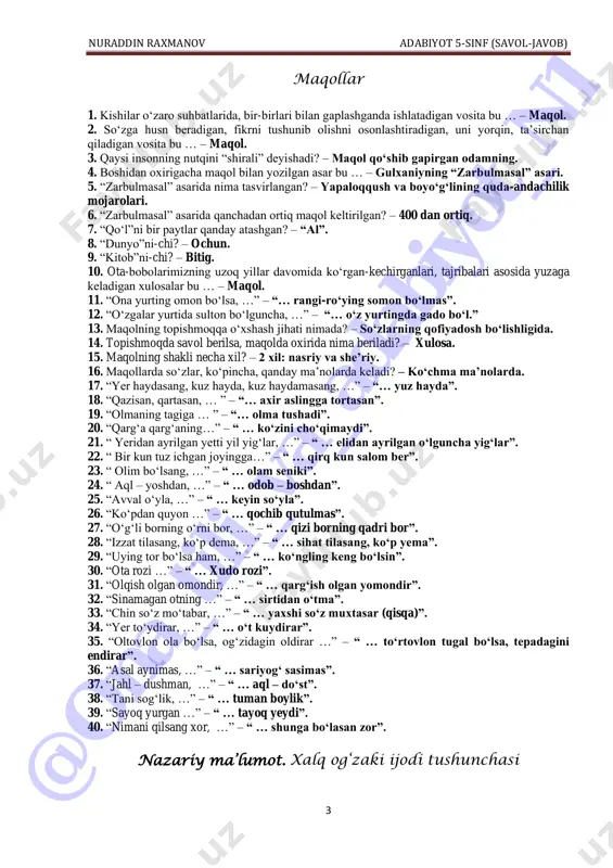 davomida ko‘rgan-kechirganlari, tajribalari asosida yuzaga keladigan xulosalar bu … – maqol. 11. “ona yurting omon bo‘lsa, …” – “… rangi-ro‘ying somon bo‘lmas”. 12. “o‘zgalar yurtida sulton bo‘lguncha, …” – “… o‘z yurtingda gado bo‘l.” 13. maqolning topishmoqqa o‘xshash jihati nimada? – so‘zlarning qofiyadosh bo‘lishligida. 14. topishmoqda savol berilsa, maqolda oxirida nima beriladi? – xulosa. 15. maqolning shakli necha xil? – 2 xil: nasriy va she’riy. 16. maqollarda so‘zlar, ko‘pincha, qanday ma’nolarda keladi? – ko‘chma ma’nolarda. 17. “yer haydasang, kuz hayda, kuz haydamasang, …” – “… yuz hayda”. 18. “qazisan, qartasan, … ” – “… axir aslingga tortasan”. 19. “olmaning tagiga … ” – “… olma tushadi”. 20. “qarg‘a qarg‘aning…” – “ … ko‘zini cho‘qimaydi”. 21. “ yeridan ayrilgan yetti yil yig‘lar, …” – “ … elidan ayrilgan o‘lguncha yig‘lar”. 22. “ bir kun tuz ichgan joyingga…” – “ … qirq kun salom ber”. 23. “ olim bo‘lsang, …” – “ …