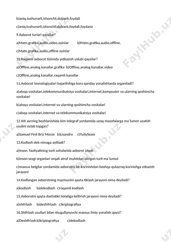 re. c) klavtren,star boom,typing master s 1 2 3 4 5 6 7 8 9 10 11 12 j b 13 14 15 16 17 18 19 20 21 22 23 24 25 2-nazorat ishi sana:___________________ 1.kompyuter tushuna oladigan tilda yozilgan buyruq va korsatmalarning tartibli ketma-ketligi nima deb ataladi? a) dastur. a)interfeys c)windows 2.dastur ishga tushirilganda uning ekrandagi korinishi va foydalanuvchiga berilgan imkoniyatlar nima deb ataladi? a) dastur b)interfeys. c)windows 3.windows qanday ma`noni anglatadi? a) yunoncha soz bolib,”oynalar”,”lavhalar”yoki “darchalar” b) inglizcha soz bolib,”oynalar”,”dasturlar”yoki”rasmlar” c) inglizcha soz bolib,”oynalar”,”lavhalar”yoki”darchalar”. 4.windows operatsion tizimi ishga tushirilganda monitorda hosil boladigan korinish nima deb ataladi? a) ish stoli. b)fayl c)katalog 5.nechanchi yilda android inc. kompaniyasiga asos solindi? a) 2006 b)2007 c)2008. 6.kompyuterning biror tashqi xotirasida umumiy bir nom bilan saqlangan har qanday ma`lumot nima deyiladi? a) fayl. b)ish stoli c)katalog 7.bir necha papka va ostki kataloglarning umumiy nomi nima deyiladi? a) fayl b)ish stoli c)katalog. 8.dastur …