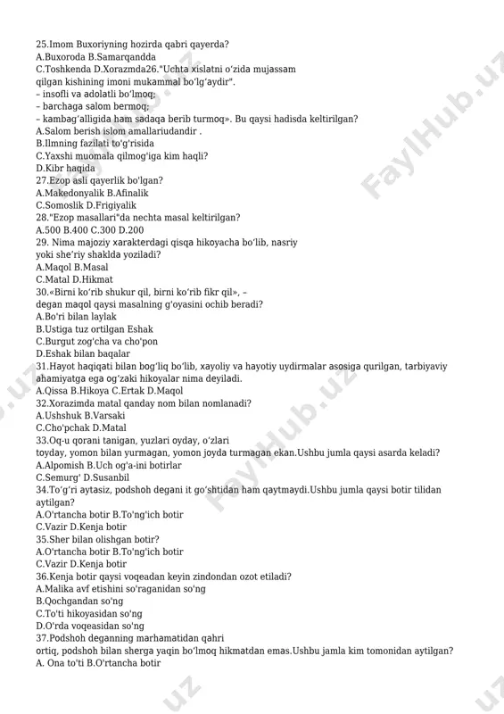 shaklda yoziladi? a.maqol b.masal c.matal d.hikmat 30.«birni ko‘rib shukur qil, birni ko‘rib fikr qil», – degan maqol qaysi masalning g'oyasini ochib beradi? a.bo'ri bilan laylak b.ustiga tuz ortilgan eshak c.burgut zog'cha va cho'pon d.eshak bilan baqalar 31.hayot haqiqati bilan bog‘liq bo‘lib, xayoliy va hayotiy uydirmalar asosiga qurilgan, tarbiyaviy ahamiyatga ega og‘zaki hikoyalar nima deyiladi. a.qissa b.hikoya c.ertak d.maqol 32.xorazimda matal qanday nom bilan nomlanadi? a.ushshuk b.varsaki c.cho'pchak d.matal 33.oq-u qorani tanigan, yuzlari oyday, o‘zlari toyday, yomon bilan yurmagan, yomon joyda turmagan ekan.ushbu jumla qaysi asarda keladi? a.alpomish b.uch og'a-ini botirlar c.semurg' d.susanbil 34.to‘g‘ri aytasiz, podshoh degani it go‘shtidan ham qaytmaydi.ushbu jumla qaysi botir tilidan aytilgan? a.o'rtancha botir b.to'ng'ich botir c.vazir d.kenja botir 35.sher bilan olishgan botir? a.o'rtancha botir b.to'ng'ich botir c.vazir d.kenja botir 36.kenja botir qaysi voqeadan keyin zindondan ozot etiladi? a.malika avf etishini so'raganidan so'ng b.qochgandan so'ng c.to'ti hikoyasidan so'ng d.o'rda voqeasidan so'ng 37.podshoh deganning marhamatidan qahri ortiq, podshoh …