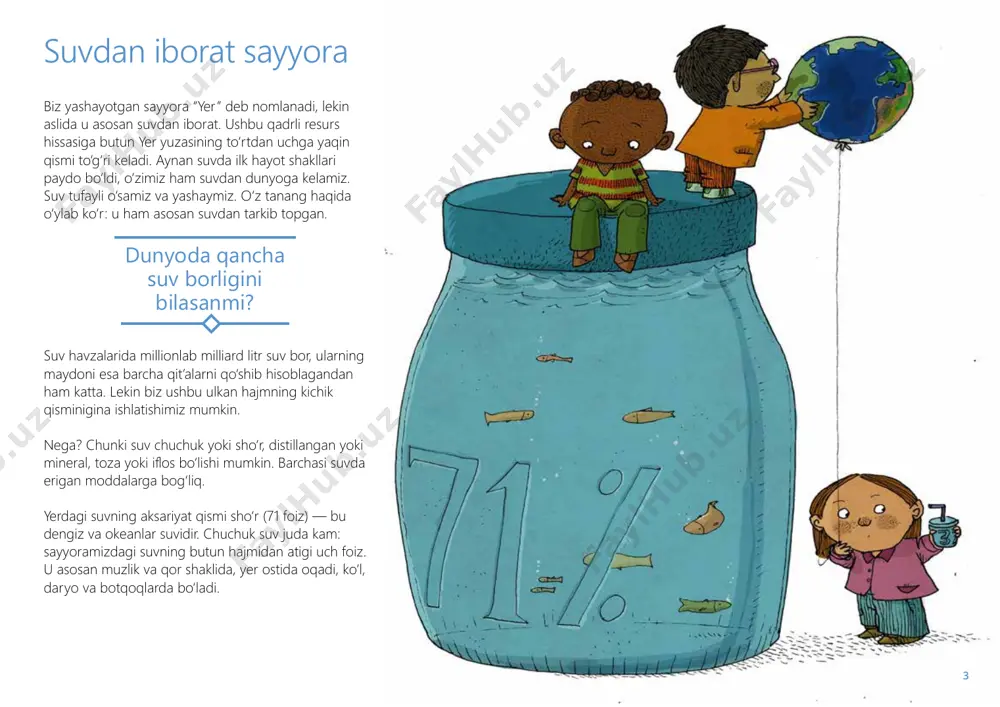 oktyabr kuni 150 dan ortiq mamlakatlar birgalikda butunjahon oziq-ovqat kunini (book) nishonlaydilar. 1945-yilda dunyo davlatlari ochlikka barham berish va barcha uchun sog‘lom ovqatlanishni ta’minlash bo‘yicha umumiy xabardorlikni oshirish va chora ko‘rish uchun sa’y-harakatlarini birlashtirdilar. shu kuni faoga asos solindi. lekin book — sening ham kuning! oziq-ovqat uchun kurash qahramoni bo‘l va boshqalarni hech kim e’tibordan chetda qolmaydigan yanada barqaror dunyoni yaratishga ilhomlantir. o‘qituvchilar uchun eslatma ushbu ish daftari sayyoramizdagi suv haqida ko‘proq bilishga qiziquvchi turli yoshdagi bolalarga mo‘ljallangan. u 2023 yilgi butunjahon oziq- ovqat kuni (book) doirasidagi plakatlar tanlovida ishtirok etmoqchi bo‘lganlar uchun ilhom manbai bo‘lib ham xizmat qilishi mumkin. u asosan 8 dan 12 yoshgacha bo‘lgan bolalar uchun mo‘ljallangan, lekin bundan kichikroq yoshdagi o‘quvchilar uchun ham, kattaroq yoshdagi o‘quvchilar uchun ham qimmatli o‘quv qo‘llanmasi bo‘lishi mumkin. minnatdorlik fao yozuvchi syuzanna mattyanjeli va illyustrator lorenso terraneraga ushbu asarning yaratilishiga qo‘shgan hissasi uchun minnatdorlik bildiradi. 2 suvdan iborat sayyora biz yashayotgan …