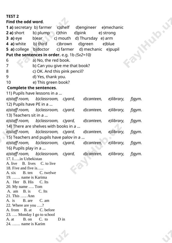 omplete the sentences. him, me, her, us, them. 1) i like my cats and they like ... a) him, b)me, c)her, d) us, e) them 2) my sister likes chicks and she feeds … . a) him, b)me, c)her, d) us, e) them 3) bobur has a little sister and he takes care about … . a) him, b)me, c)her, d) us, e) them 4) my friend has a dog trezor. he takes … for a walk. a) him, b)me, c)her, d) us, e) them 5) our teacher gives … much homework. a) him, b)me, c)her, d) us, e) them read and answer the questions. 6) what was the boy’s name? tarzan/name/his/was. 7) where did the boy live? the/jungle/lived/in/he. 8) what did he look like? was/he/strong/very. 9) what did tarzan do? and/he/climbed/jumped/the tall/trees. 10) who were his parents in the jungle? the/jungle/in/his/were/parents/monkeys 11) who were his friends? were/his/monkeys/friends. tarzan tarzan …