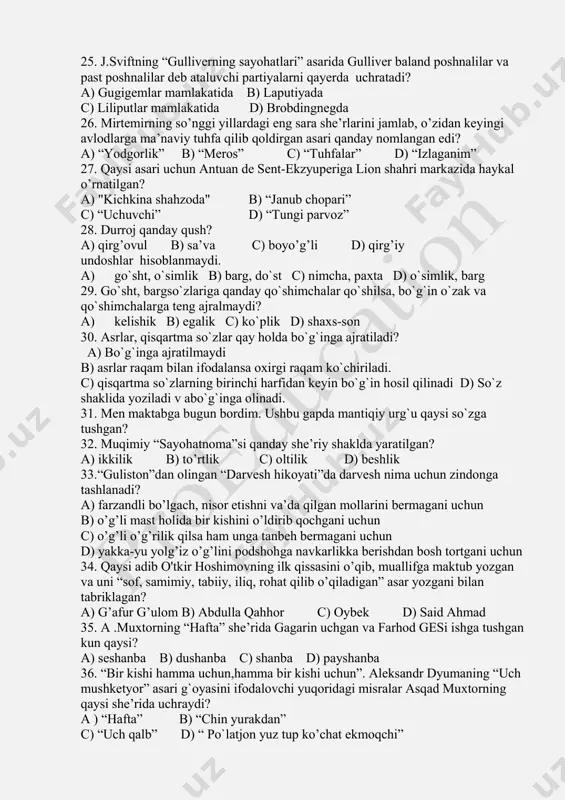 aterial, ekran, ne’mat, teatr b) okean, kecha c) kecha, telefon, ekran, ne’mat d) material, teatr, okean 20. harflar tovushlardan ko`p bo`lgan so`zni aniqlang. a) indinga b) so`nggi c) chorshanba d) diltortar 21.s va h yonma-yon kelib, alohida tovushlarni ifodalaganda, ular orasiga qanday belgi qo`yiladi? a) ayiruv belgisi b) tutuq belgisi c) chiziqcha d) hech qanday belgi qo`yilmaydi. 22. tutuq belgisi qo`llanmagan so`zni aniqlang. a) mo`jiza b) in’om c) san’at d) a,b to`g`ri 23. quyidagi qaysi so`zlarda yonma-yon kelgan ikki undosh borligiga qaramasdan bu undoshlar bir bo‘g‘inda bo‘lmaganligi uchun qator kelgan a) men b) maktabga c) bordim d) bugun 24. ikki unli o`rtasida talaffuzda y undoshi orttirib aytilsa-da, lekin bu yozuvda aks etmaydigan so`zlar berilgan qatorni aniqlang. a) maorif, oid b) shoir, doim c) tarbiya, shoir d) ilm, tabiat 25. j.sviftning “gulliverning sayohatlari” asarida gulliver baland poshnalilar va past poshnalilar deb ataluvchi partiyalarni qayerda uchratadi? a) gugigemlar mamlakatida b) laputiyada c) …