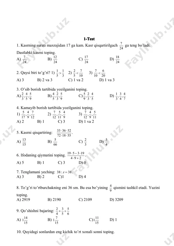 ping. a) 49 b) 41 c) 47 d) 58 18. ifodani soddalashtiring: (a+485) – 385 a) a + 100 b) a + 707 c) a +770 d) a +20. 19. sonlarning ekuk lari to‘g‘ri topilganmi? 1) ekuk (96:84) = 672 2) ekuk (45: 60) = 280 3) ekuk (80: 90) = 720 a) 1 va 3 b) 1 va 2 c) 2 va 3 d) 1 20. quyidagi sonlardan tub sonlarni toping. 1) 383; 509; 647 2) 256; 624; 1024 3) 797; 941; 139 a) 1 va 3 b) 3 va 2 c) 2 va 1 d) 2. 19191919----testtesttesttest 1. sonlarni yozish uchun nechta raqam qollaniladi ? a.a.a.a. cheksiz ko’p b.b.b.b. 11 ta c.c.c.c. 9 ta d.d.d.d. 10 ta 2. natural sonlar qatori nechadan boshlanaldi ? a.a.a.a. 0 dan b.b.b.b. 1 dan c.c.c.c. 10 dan d.d.d.d. 11 dan 3. amallarni bajaring .7290 : 45 + 38 a.a.a.a. 124 b.b.b.b. 202 …