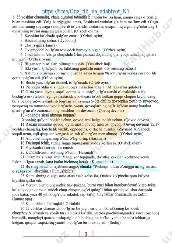 alamini chekib turgandek edi. (otabek) 31.ichkulikdan qattiq hazar qilar va bu kungacha mayni o’ziga dushman kabi ko’rib kelar edi.(otabek) 32.muhabbat baxtlik kishilar uchun yaxshidir, lekin o’z ta’birimcha, baxtsiz kishi uchun badbaxtlikdir. (usta alim) 33.asli qo’qonlikman. ota-onamdan yoshliqda yatim bo’lib, tog’amning qo’lida o’sdim. yoshim 17-18larga borg’andan so’ng o’z kunim o’zimga qolib, bir o’rtog’imning kengashi bilan bundan 20 yillar burun marg’ilong’a kelib,bu kungi ustakorimning otasig’a to’qig’uchiliq hunariga shogird tushdim. (usta alim) 34.13-14 yoshlar chamaliq do’ndiqqina bir qiz, qizning gunohsiz o’ynab turg’an qora ko’zlari, qizil olmadek taram-taram yuzlik qiz. (saodat) 35.sharif miltiqchining qizi. (saodat) 36.saodatning akasi bor edi, yoshi 7ga chiqib, otasi raxmatlik endigina to’y qilaman deb turg’anda qizamiq degan bir falakat kasal bilan og’rib dunyodan o’tdi. (qayumjon) 37.ustimdan bir chelak sovuq suv quygandek entikdim. (usta alim) 38.oyog’i kuygan tovuqdek to’rt tomong’a yugura boshladim. (usta alim) 39.“yotib qolg’uncha, otib qol!” so’ziga amal qilib, qutidornikiga sovchilar turna qator yubora boshlang’an edi. 40.salim sharbatdor deganning …