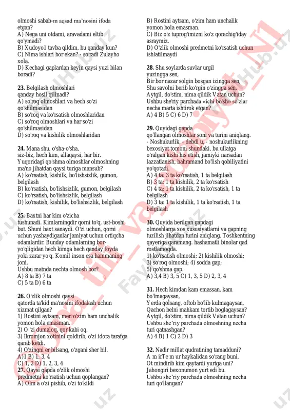 i uni beshov, miq etmasdi u ammo. b) q anchadan qancha ajdodlarimiz orzu qilgan kunlar siz-u bizga nasib etdi. c) anovi kungi yosh mehmonni senga maqtasam, achchig'landing, ammo kelib- kelib bu kun seni o'shanga berdilar. d) birovning do‘stlar-u xorijlari bor, mening hech kimim yo'q, - o'zingdan boshqa. 14. olmosh haqidagi noto'g'ri hukmni toping. a) kishilik olmoshi o'rnida qo'llangan o'zlik olmoshi faqat shaxsni ko'rsatadi. b) «m ening o'zim », »u o 'zi» kabilarda ko'proq kishilik olmoshiga ta'kid ma’no yuklanadi c) so'z ma’nosini aniqlab keluvchi olmoshlar o'zi aniqlayotgan so'zdan oldin keladi. d) «b iz » olmoshi birlik ma’noda kamtarlik ma’nosini bildiradi. 15. olmosh qatnashgan gapni toping a) uyda kosa toza, butun va beyuq. b) butun yurtda hurmati bor. c) ayrim so'zlarni bog'lab gap tuzing. d) masalani ayrim hal qilamiz. 16. har qanday yalqov kishi - qo'rqoq va g'ayratsiz bo'ladi; har qanday g'ayratsiz, qo'rqoq kishi - maqtanchoq bo'ladi; har qanday maqtanchoq, qo'rqoq kishi …