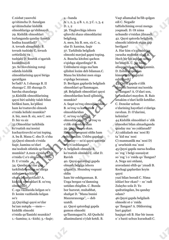 o'z- o'zidan so'zining qaysi turkumga mansubligini izohlang. a) 1-gapda olmosh, 2-gapda ravish, 3-gapda modal so'z b) 1-2-gaplarda olmosh, 3-gapda kirish so'z c) 1-gapda olmosh, 2-gapda ravish, 3- gapda kirish so'z d) 3 ala gapda ham olmosh 16 . berilgan gaplaming qaysi birida olmosh sifat o'rnida qo'llangan? a) gul ochildi. uning ochilishi kishilarga rohat berdi. b) gullarning ko'pi pushtirang. ana shu rang menga juda yoqadi. c) karim gullarni uza boshladi. bu esa bog'bonning jahlini chiqardi. d) barchasi to'g'ri 17. qyai gapda olmosh fe'l o'rnida qo'llangan? a) gul ochildi. uning ochilishi kishilarga rohat berdi. b) gullarning ko'pi pushtirang. ana shu rang menga juda yoqadi. c) karim gullarni uza boshladi. bu esa bog'bonning jahlini chiqardi. d) xolid toshni o'n marta ko'tardi. men ham shuncha ko'tarishni orzu qilaman. 18. qaysi gapda qo'llangan o'lchov so'zi alohida olinganda predmet nomini bildirib, matn ichidagina o'lchov ma'nosini bildiradi? a) shahargacha hali uch chaqirim bor. b) uygacha yuz qadam …
