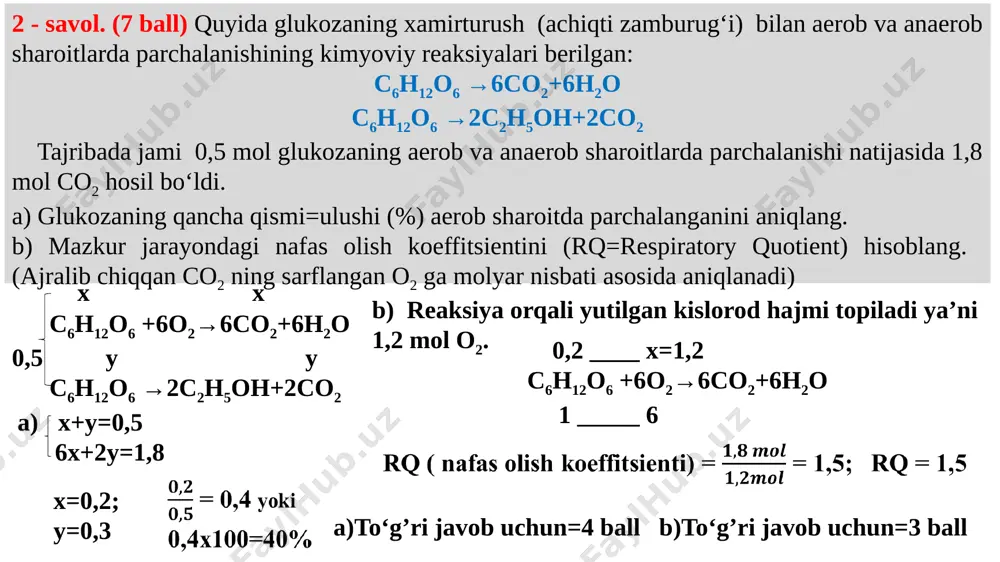 yuqoridagi grafik qanday turdagi hayvonlarning termolegulatsiya jarayoniga xos ekanligini aniqlang. mazkur termolegulatsiyaning o‘ziga xos jihatlarini yozing. b) yuqoridagi grafik tegishli bo‘lgan hayvon turlarida, tana harorati va atrof-muhit harorati o‘rtasidagi bo‘g‘liqlikni to‘g‘ri ifodalovchi grafikni chizing. to‘g’ri javob va baholash: a) grafikda, tashqi muhit harorati ko‘tarilishi bilan metobolizm tezligi ortib borishi ifodalangan, bu esa havon turning sovuqqonli ekanligini bildiradi. sovuqqonli hayvon turlarining ko‘p qismi o‘z tana haroratani (termolegulatsiya) quyoshda, suvda/soyada va boshqa turli xil joylarda o‘zgartiradi = 5 ball. b) to‘g’ri chizilgan grafik = 5 ball 5-savol. 16 ball. tirik organizmlarda organlar sistemasiga doir topshiriqlar. q1. 1-rasmda ma’lum vaqt davomida chap qorinchadagi bosim va qon hajmining o‘zgarishi ko‘rsatilgan. 1-rasm. ma’lum vaqt davomida qon bosimi va hajmining o‘zgarishi. to‘g‘ri javob va baholash: 1-rasmda ko‘rsatilgan yurakning bir ish sikli 0,8 sekund davom etmoqda. shunday ekan, bitta ish sikli uchun 0,8 sekund vaqt kerak, 1 minutda esa quyidagicha: 1 ish sikli --------- 0,8 sek 75 …