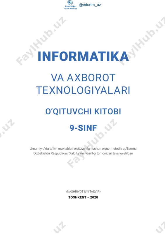 moslashtirish konsepsiyalari ishlab chiqildi. kirish “informatika va axborot texnologiyalari” fanini o‘qitishning zamonaviy shakl, metod va texnologiyalarini qo‘llash; o‘quvchilar masofadan turib yangi bilimlarni egallashi, doimiy ravishda o‘z ustida ishlashi uchun tizim yaratish va uni yo‘lga qo‘yish; ta’lim jarayonida tayanch bilim, ko‘nikma, malaka va kompetensiyalarni doimiy nazorat qilib turish, o‘quvchilar qobiliyatiga qarab kasbiy yo‘naltirish ishlarini olib borish. konsepsiya asosida “informatika va axborot texnologiyalari” fanini o‘qitishning asosiy vazifalari belgilab berildi: an’anaviy; online; keltirmoqdamiz. 9-sinf darsligi bo‘yicha o‘quv-metodik qo‘llanma 01 “informatika va axborot texnologiyalari” fani darsligidan foydalanish 9-sinf darsligi bo‘yicha o‘quv-metodik qo‘llanma “informatika va at” darsligi 68 ta darsni bayoni, multimedia materiallariga murojaat etish uchun qr-kod hamda ar, har bir dars uchun taqdimot, videodarslar, amaliy topshiriqlar to‘plami hamda o‘quv metodik qo‘llanmasidan iborat bloklar majmuasidan tashkil topgan. dars ishlanmalari, test topshiriqlari, amaliy mashg‘ulot vazifalarini chop etish imkoniyatlari mavjud. shuningdek, yangi darslik mazmunini to‘ldiruvchi media-resurslar, mobil ilova, videodarslar va eng foydali adabiyotlar jamlangan kutubxona mavjud. 1.1. …
