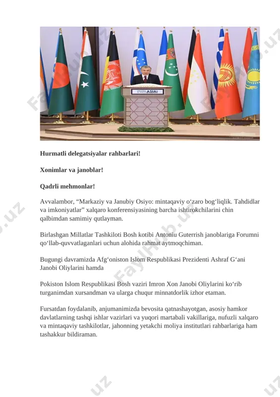 lar vazirlari va yuqori martabali vakillariga, nufuzli xalqaro va mintaqaviy tashkilotlar, jahonning yetakchi moliya institutlari rahbarlariga ham tashakkur bildiraman. murakkab pandemiya sharoitiga qaramasdan, siz, azizlarning forumimizdagi ishtirokingiz ikki tomonlama va mintaqaviy hamkorlikni rivojlantirishga bo‘lgan yuksak e’tibor hamda qat’iy intilishingizni yaqqol tasdiqlaydi. saxovatli va serquyosh o‘zbekiston zaminiga xush kelibsiz! hurmatli anjuman ishtirokchilari! buyuk ipak yo‘li chorrahasida joylashgan markaziy va janubiy osiyo uzoq asrlar davomida xalqlar va sivilizatsiyalar o‘rtasida faol muloqotga xizmat qildi. ikki mintaqaning o‘zaro yaqin hamkorligi natijasida yangi bilim va falsafiy qarashlar, tibbiyot va astronomiya, jo‘g‘rofiya va matematika, geodeziya va me’morchilik, diplomatiya san’ati va davlat boshqaruvi sohasidagi yutuqlar, yuksak madaniy va ma’naviy-ma’rifiy qadriyatlar keng yoyildi. mintaqalarimiz xalqlari bir necha bor umumiy davlatchilik tuzilmalari tarkibida, shu bilan birga, siyosiy, iqtisodiy va gumanitar makonda o‘zaro hamjihatlikda umr kechirganlar. ushbu hududda vujudga kelgan xarappa sivilizatsiyasi, yunon-baqtriya va kushon podshohligi, turk xoqonligi, xuroson va movarounnahr, g‘aznaviylar, temuriylar, boburiylar va boshqa davlatlar insoniyat tarixida chuqur …