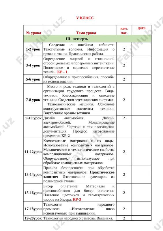 batarei. 2 25-26urok vidi energii. solnechnaya energiya. atomnaya energiya. elektroenergiya v promishlennosti. 2 27-28urok mexanicheskaya energiya. sposobi i vidi polucheniya mexanicheskoy energii. elektrodvigateli. 2 29-30urok akkumulyatori. prakticheskaya samostoyatelnaya proektnaya rabota: postroit samoxodniy gidravlicheskiy mexanizm. 2 31-32urok ponyatie o mexanotronike. prostie mexanizmi. sozdanie prostogo mexanizma vrashatelnogo dvijeniya. 2 33-34urok karusel. uvelichenie skorosti karuseli. sborka chetirexkolesnoy mashini s mexanicheskoy korobkoy peredach. 2 35-36urok sozdanie prostix mexanizmov dlya perenoski gruzov. shlagbaum 2 v i- klass № uroka tema uroka kol. chas. data iii- chetvert 1-2 urok poluchenie sherstyanix i shelkovix tkaney. ix svoystva. opredelenie svoystv sherstyanix shelkovix tkaney 2 3-4 urok vidi tkatskix perepleteniy. atlasnoe i satinovoe perepleteniya prakticheskoe zanyatie: obshie svedeniya o vidax furnituri prishivanie kryuchkov i petel k tkani. 2 5-6 urok ustroystvo shveynoy mashini s nojnim privodom. podgotovka shveynoy mashini k rabote 2 7-8 urok primenenie sredstv maloy mexanizatsii. vipolnenie obraztsov belevix shvov. kr-2 2 9-10 urok detali tsilindricheskoy formi. …